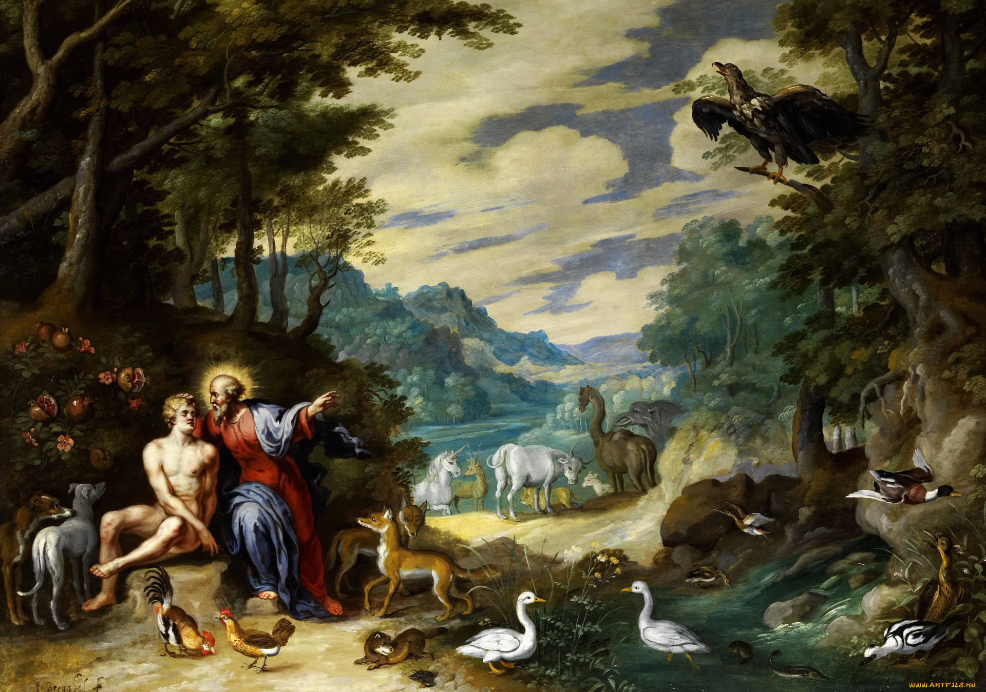рисованное, живопись, Ян, брейгель, младший, картина, в, эдемском, саду, мифология