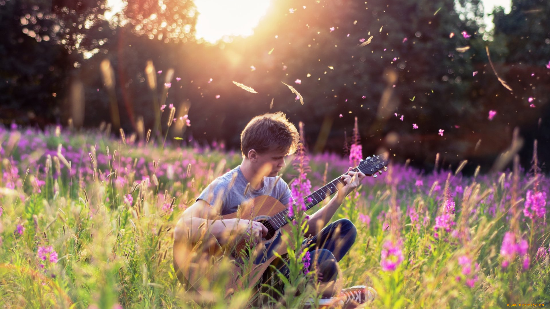 музыка, -другое, природа, растения, цветы, гитара, парень