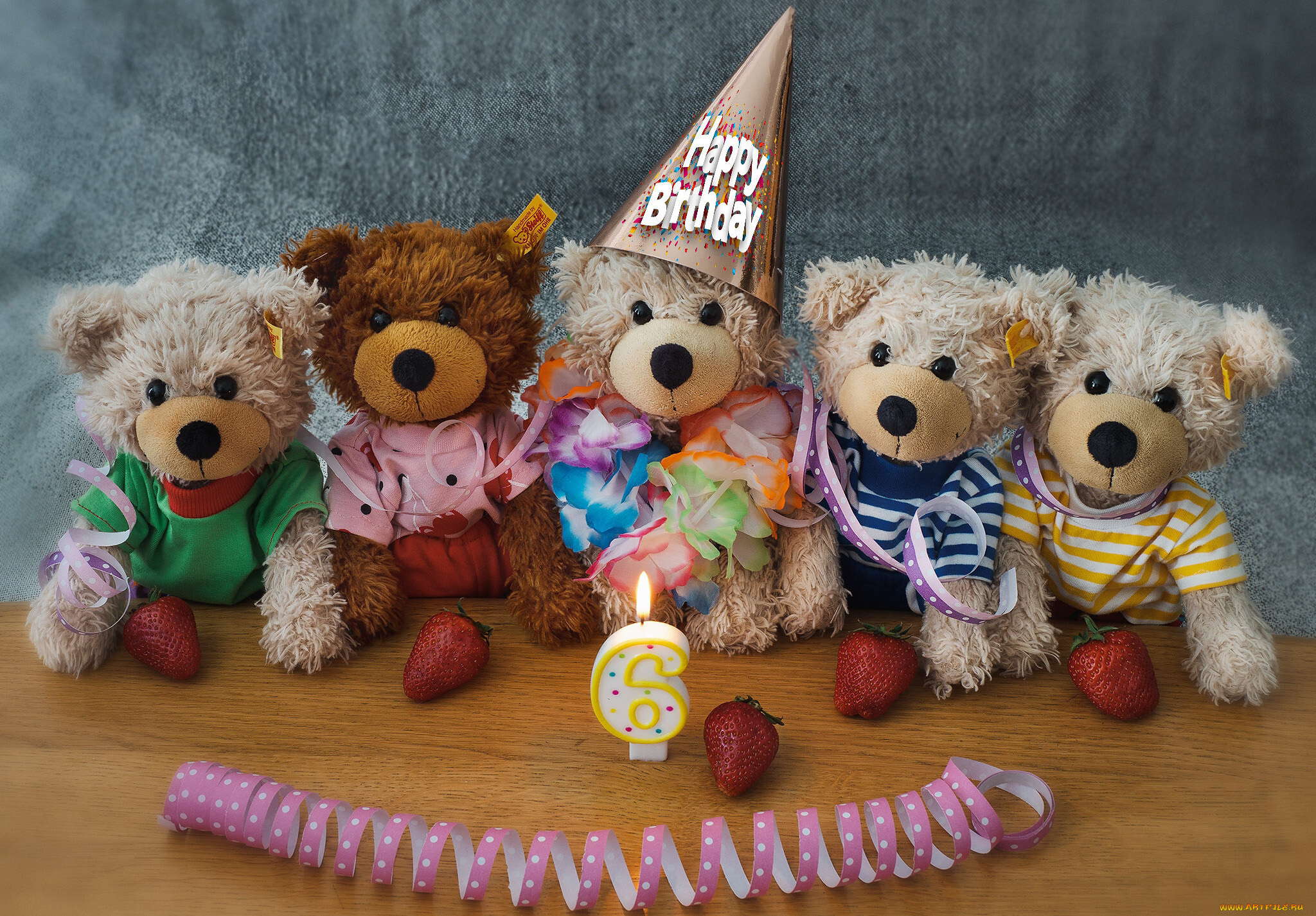 праздничные, день, рождения, плюшевые, медвежата, свеча, клубника