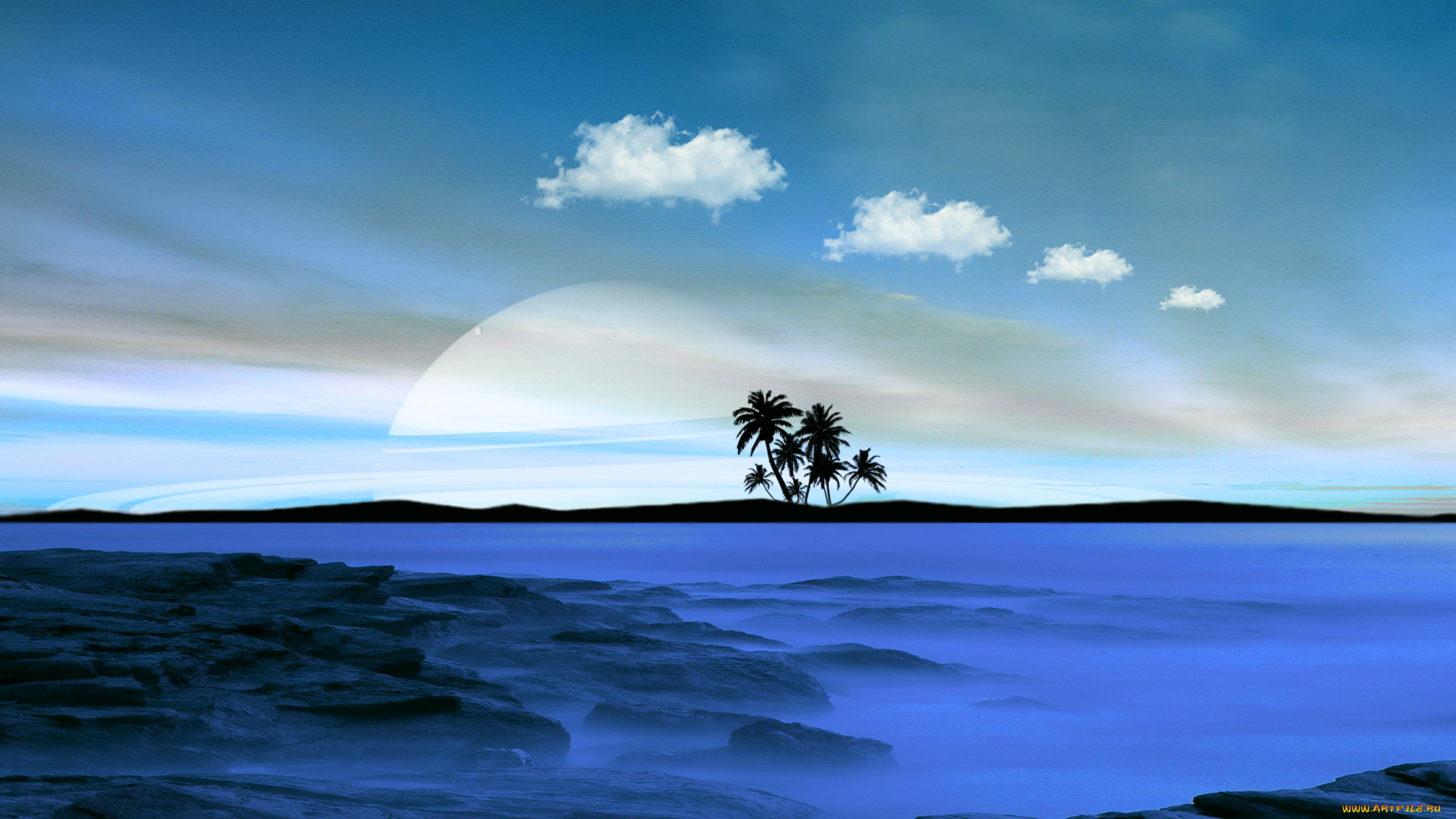 3д, графика, sea, undersea, море, небо, пальмы, острова, пляж, океан, облака