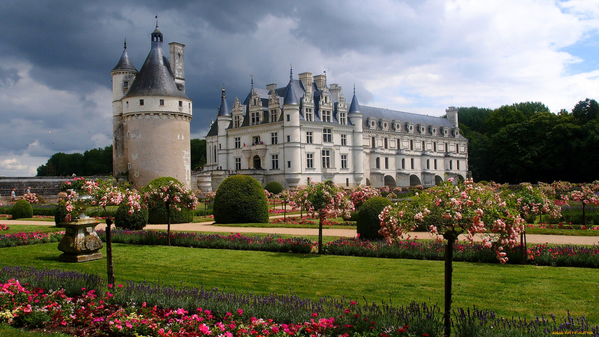 chateau, de, chenonceau, города, -, дворцы, , замки, , крепости, газон, замок, парк, клумбы