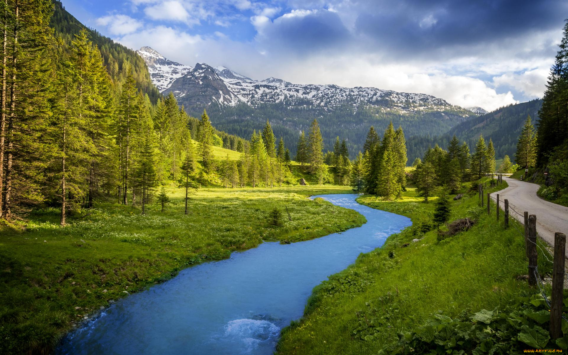 природа, реки, озера, австрия, горная, река, горы, деревья, дорога