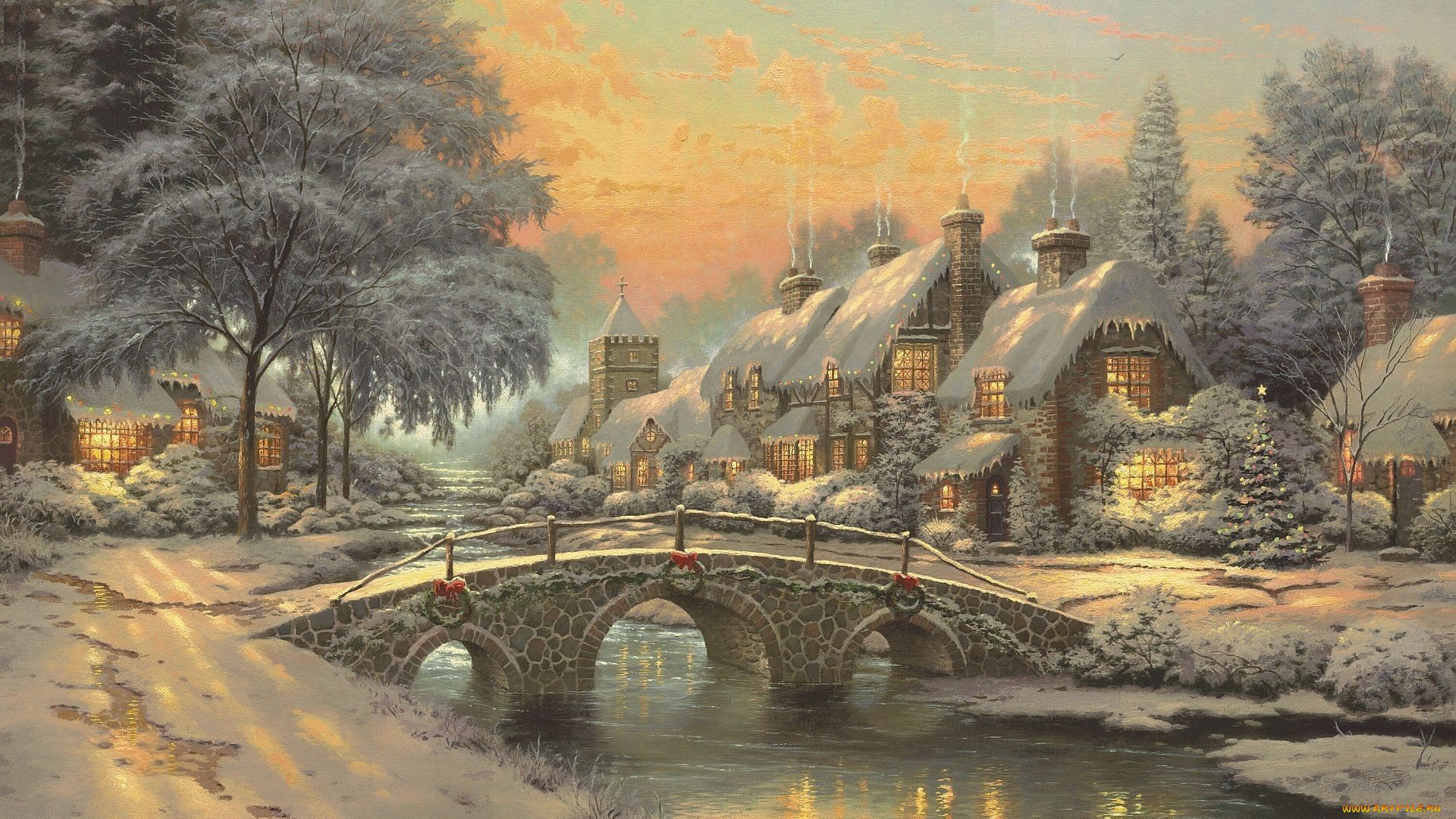 thomas, kinkade, рисованные, рождество, зима, река, мост, дома, деревья, снег
