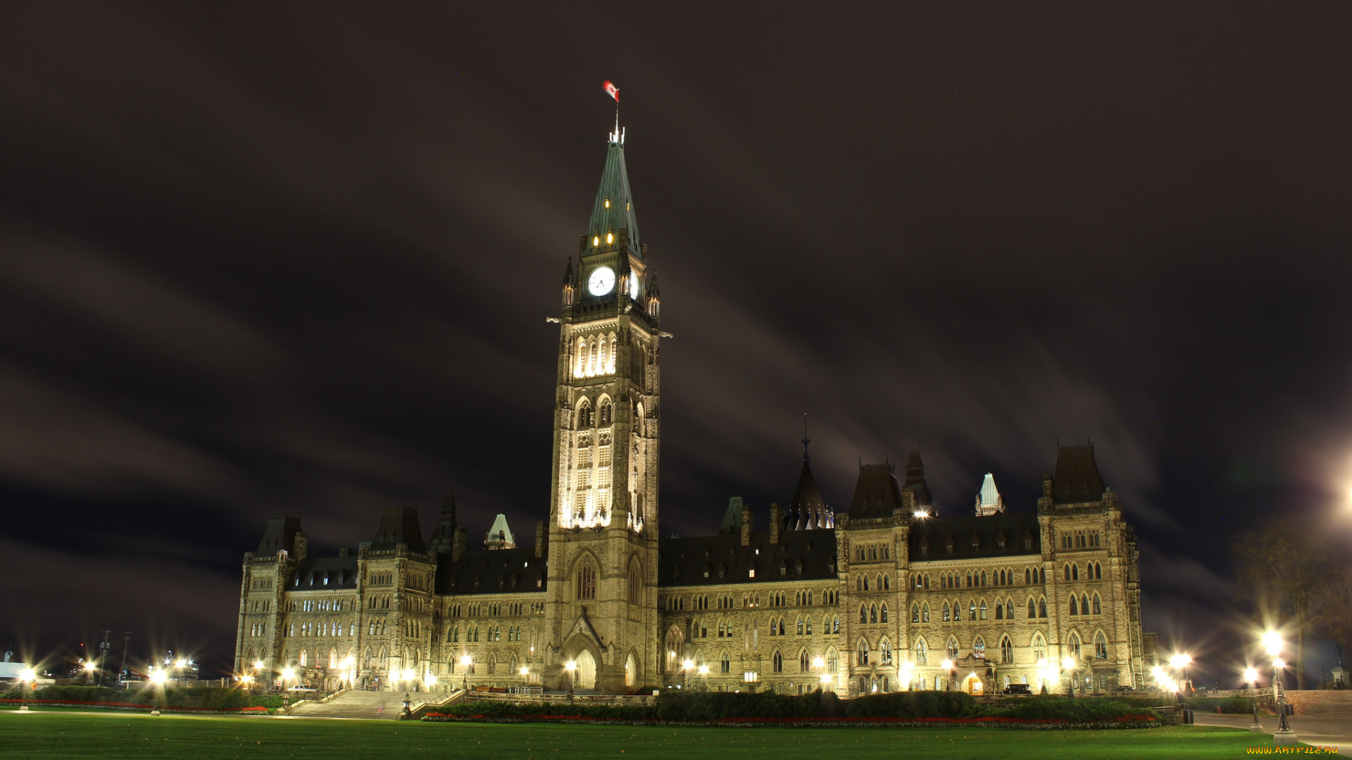 canadian, parliament, building, -, centre, block, города, оттава, , канада, ночь, лужайка, парламент
