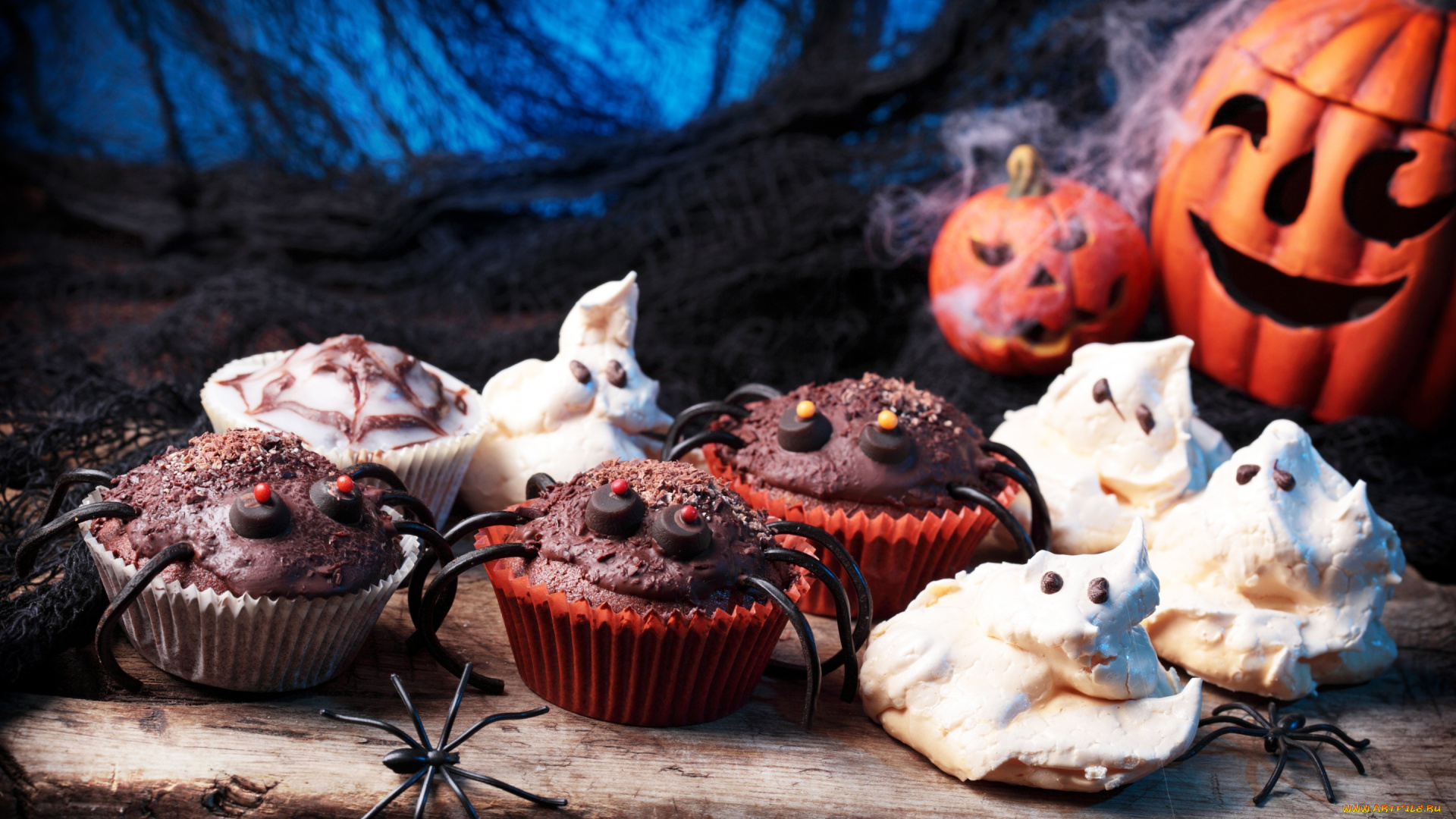 праздничные, хэллоуин, паук, шоколад, baking, пирожное, тыква, хеллоуин, pumpkin, halloween, chocolate, кексы