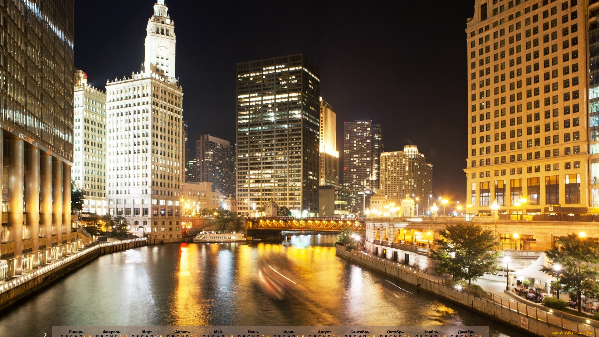chicago, календари, города, небоскреб, 2018, водоем, освещение, здание