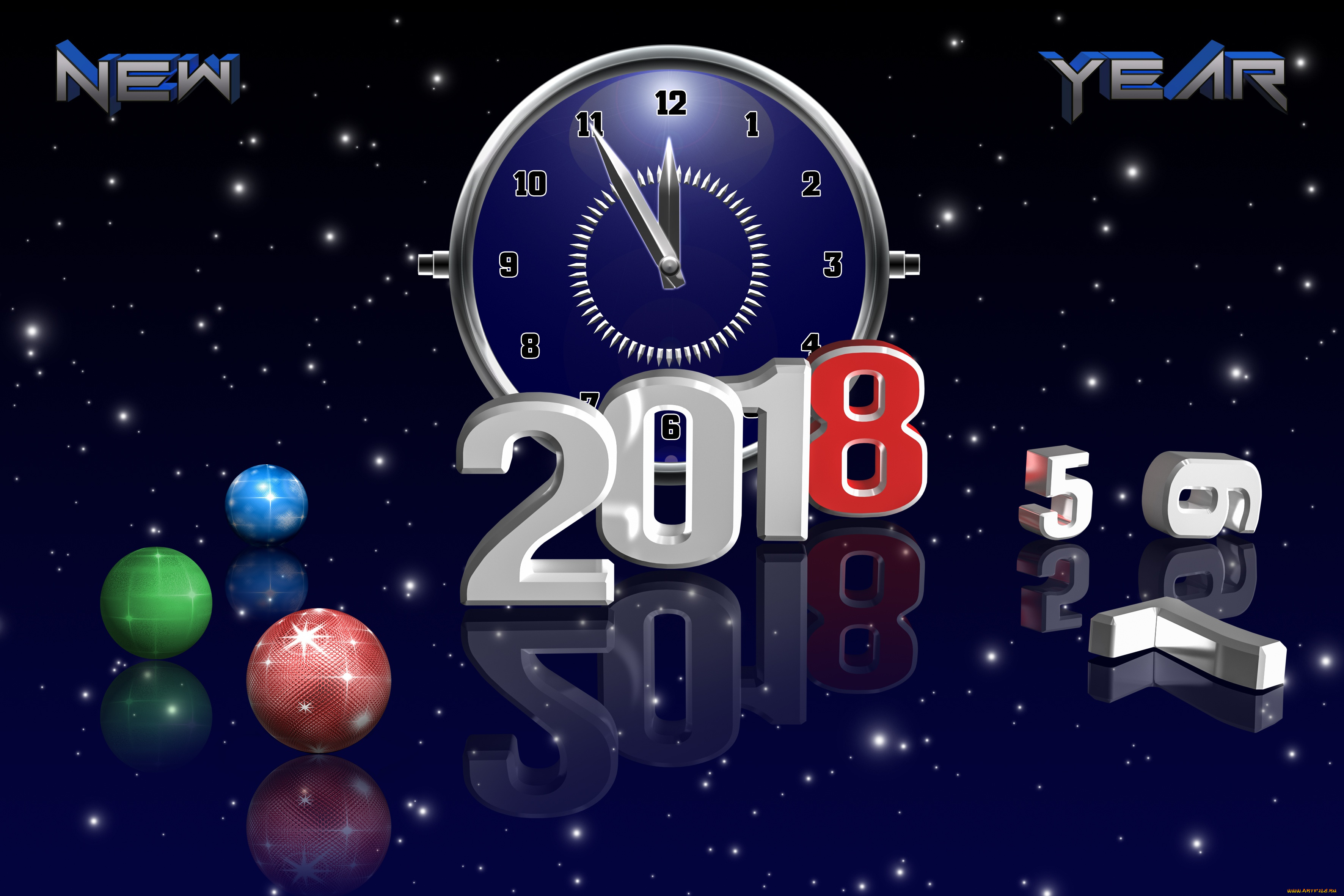 праздничные, векторная, графика, , новый, год, фон, 3d, свечение, стрелки, часов, 2018, новогодние, шары, циферблат, градиент, текстура, новый, год, звезды, рендеринг, цифры, время, блики, отражение, света, свет, рождество, года, обои