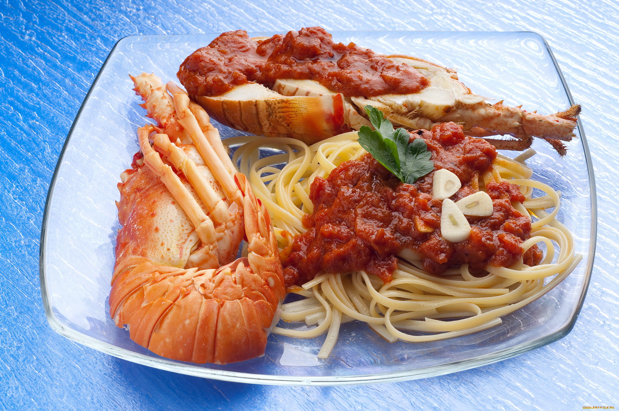 еда, рыбные, блюда, , с, морепродуктами, лангуст, спагетти, соус, чеснок