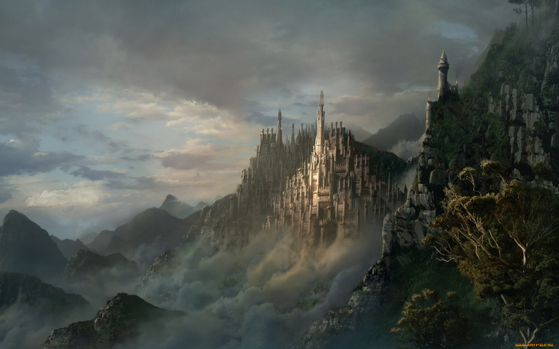 фэнтези, замки, тучи, горы, туман, замок
