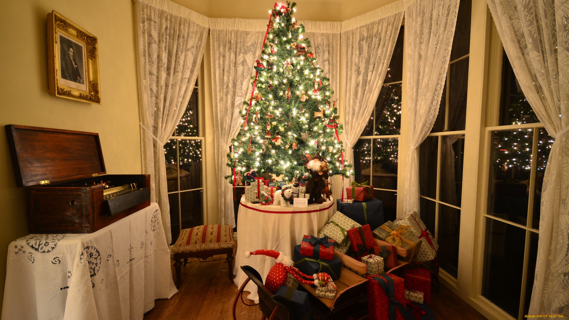 праздничные, Ёлки, комната, дерево, подарки