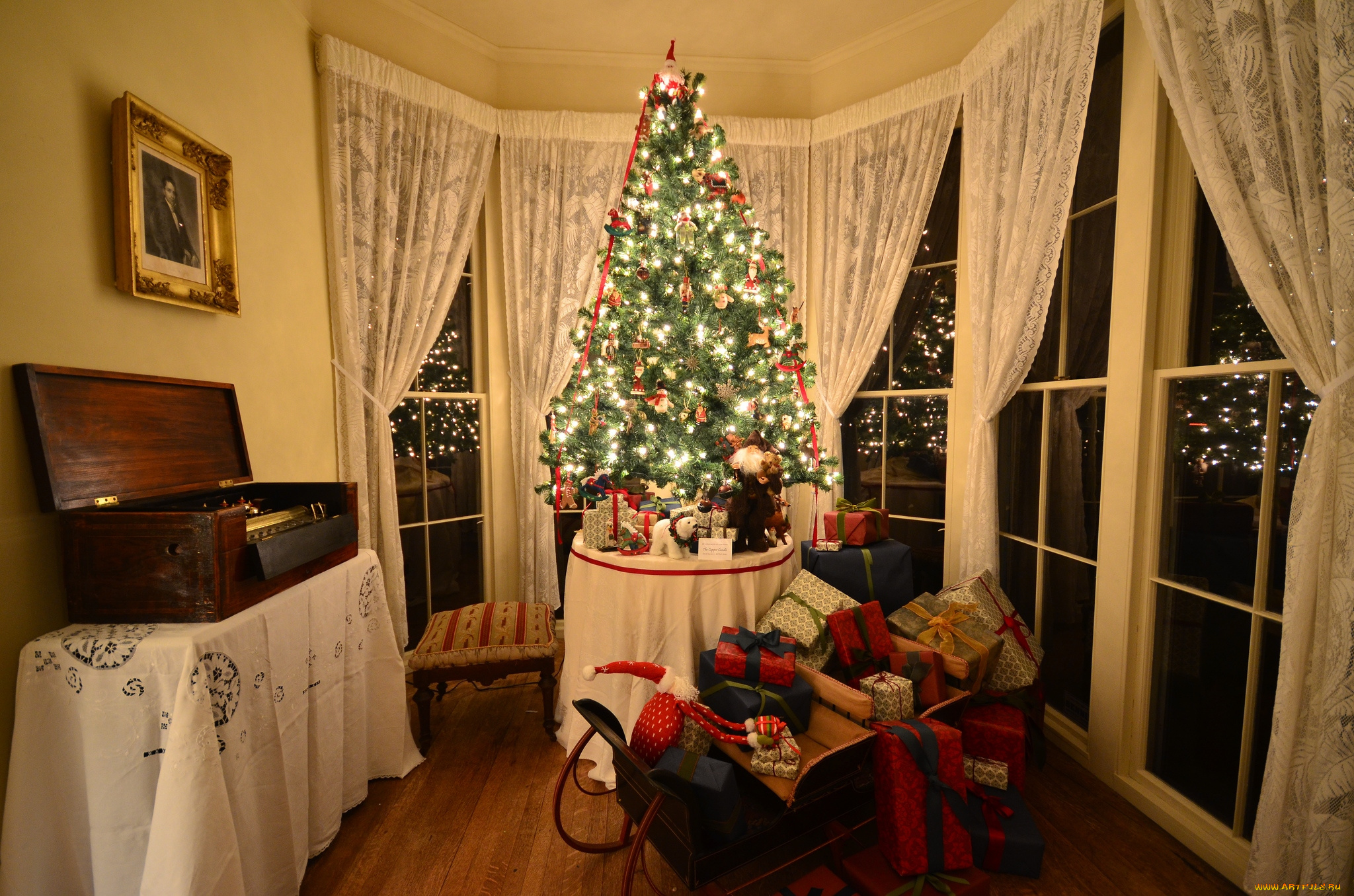 праздничные, Ёлки, комната, дерево, подарки