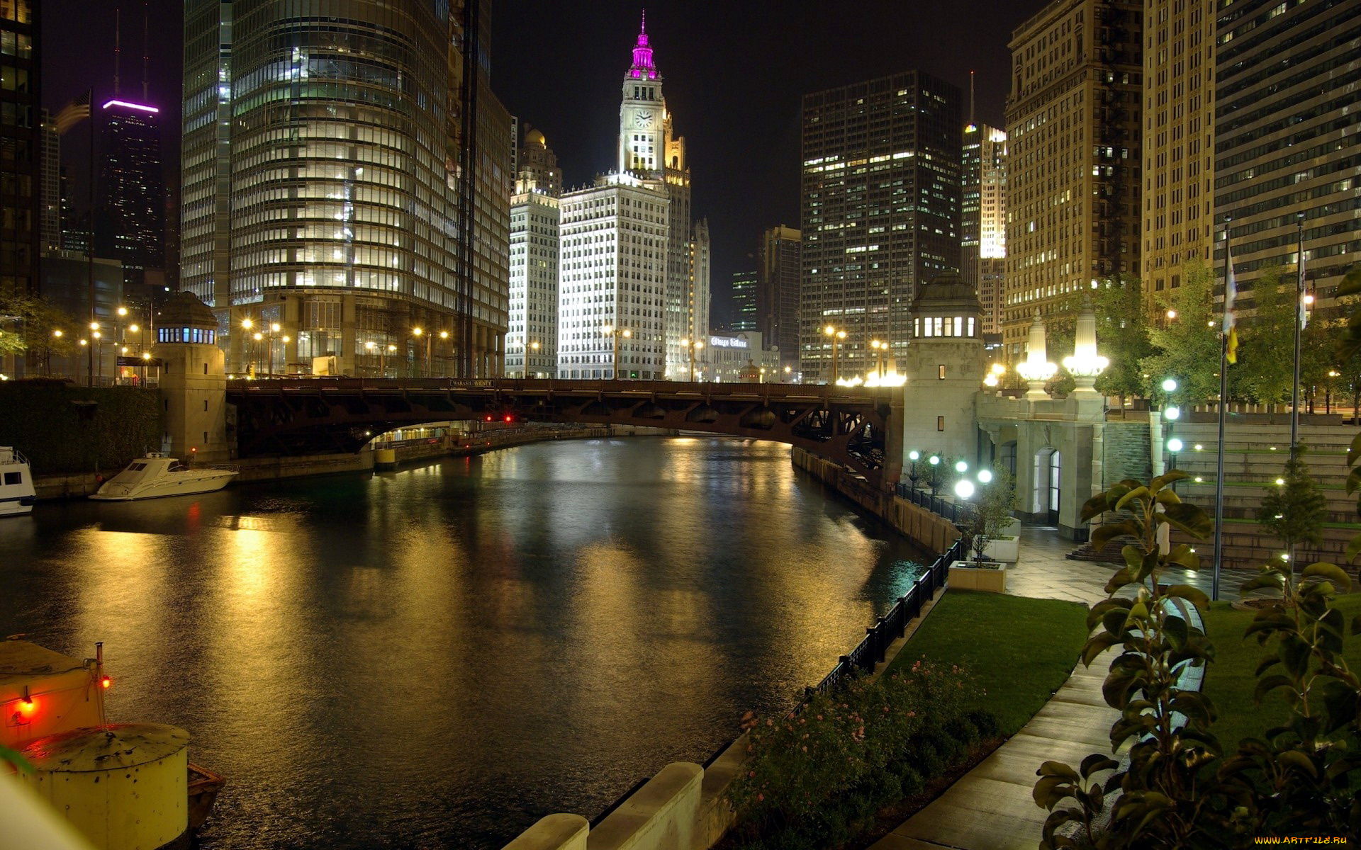 города, Чикаго, , сша, фонари, вечер, мост, река