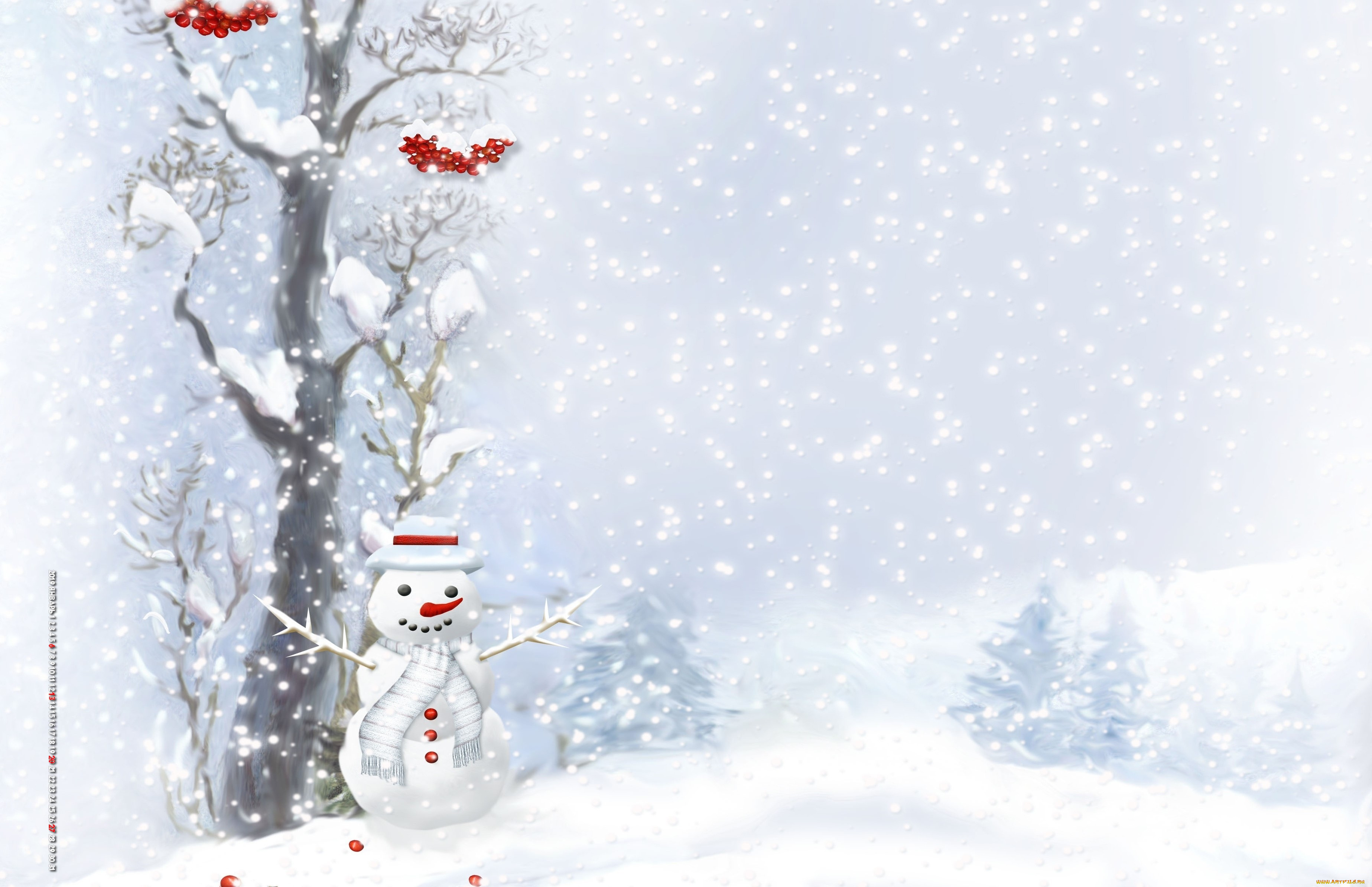 календари, праздники, , салюты, зима, снег, рябина, дерево, снеговик