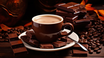 Картинка еда кофе +кофейные+зёрна темный фон стол шоколад кружка шоколадка чашка напиток