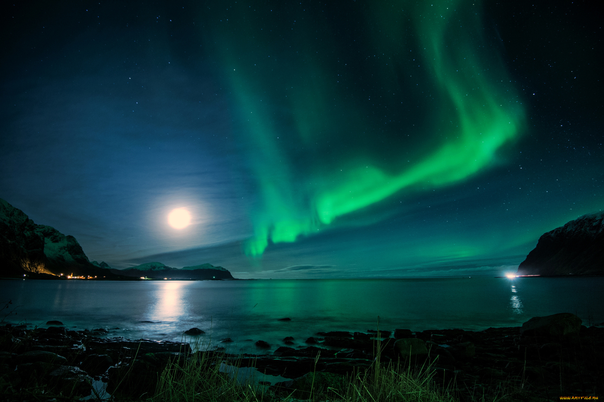 природа, северное, сияние, исландия, залив, ночь, луна