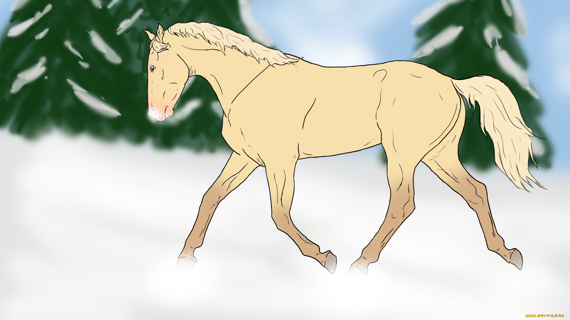 рисованное, животные, , лошади, деревья, снег, лошадь
