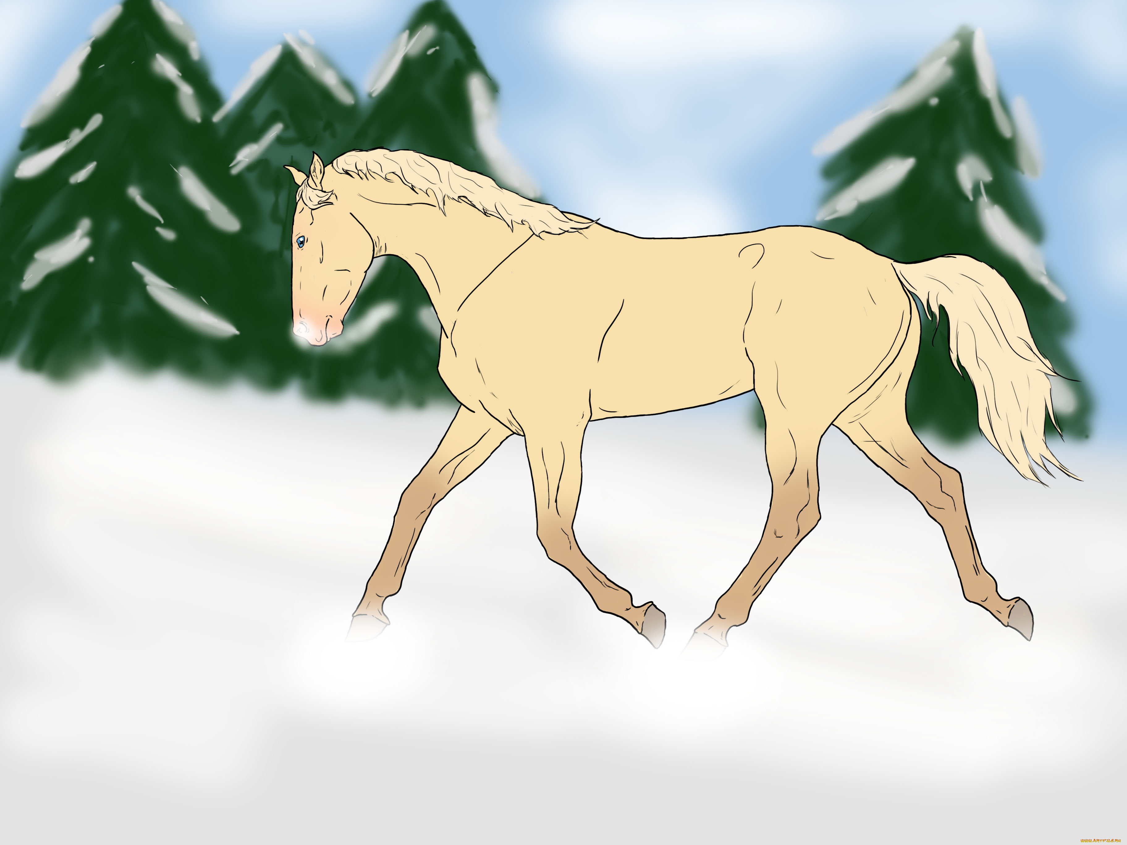 рисованное, животные, , лошади, деревья, снег, лошадь