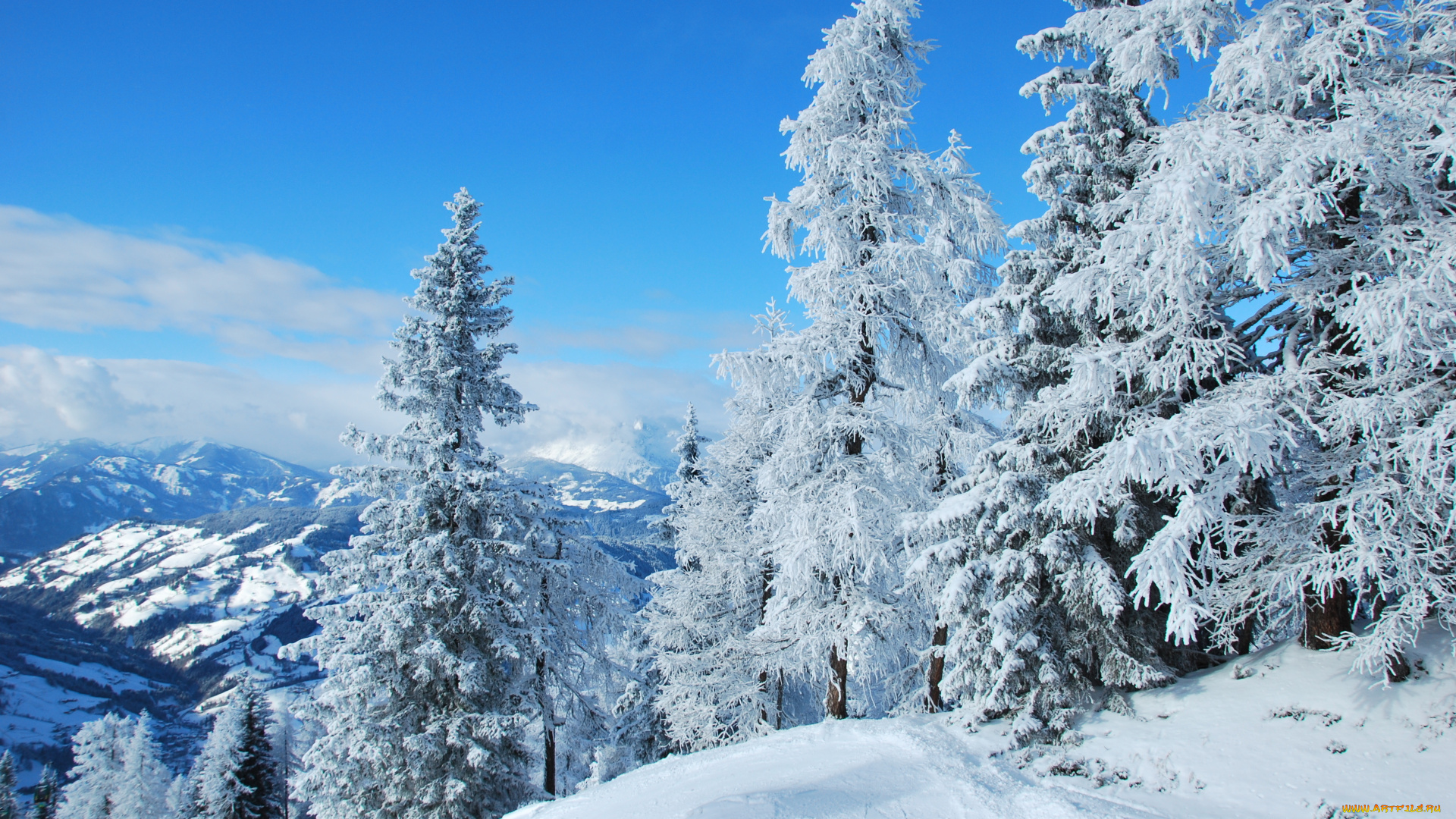 природа, зима, деревья, горы, снег