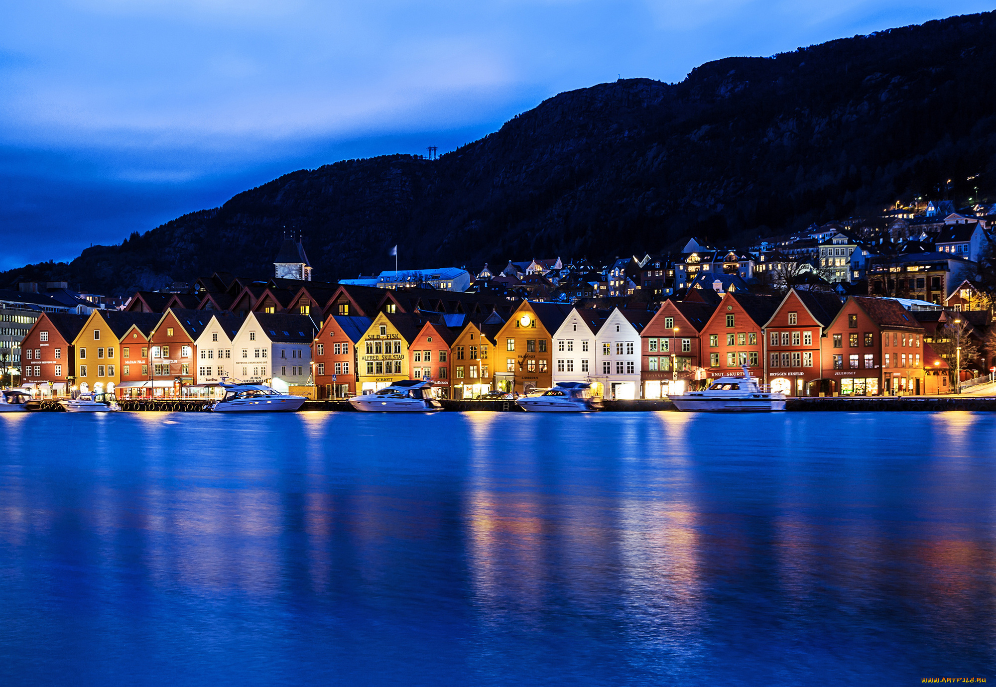 города, -, огни, ночного, города, bergen, берген, norway, норвегия, город, ночь, огни, дома, здания, гавань, лодки