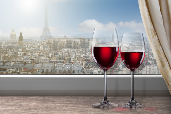 Картинка еда напитки +вино окно город париж эйфелева башня подоконник вино красное бокалы занавеска облака