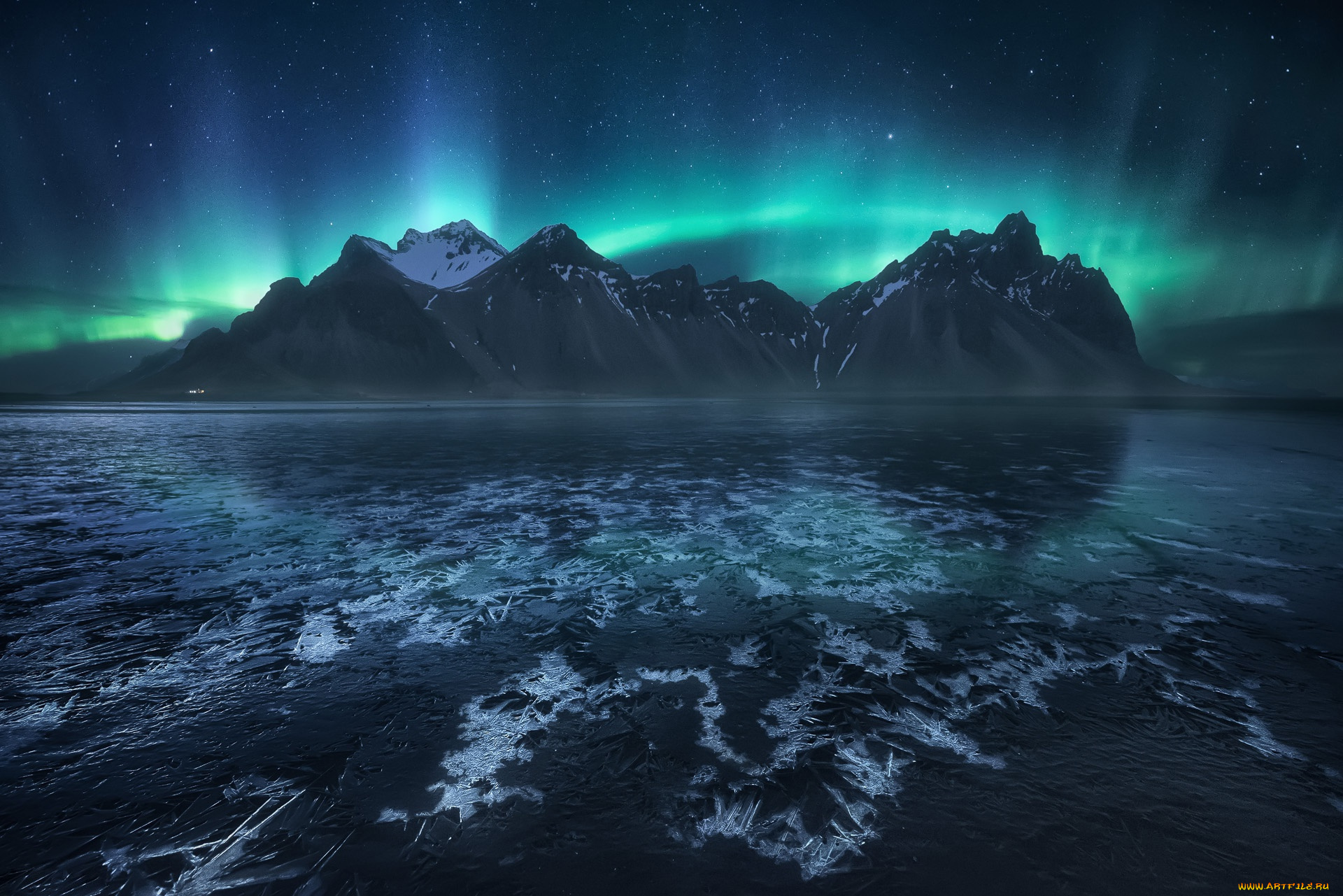 природа, северное, сияние, стокснес, ночь, исландия, небо, мыс, звезды, горы, северное, сияние, фьорд, хорнафьордюр