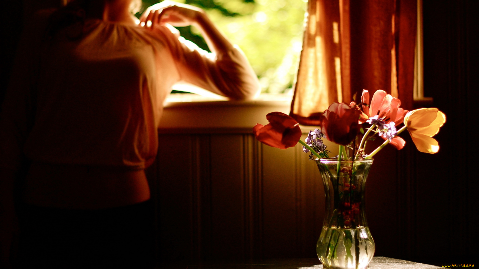 цветы, разные, вместе, окно, ваза, тюльпаны