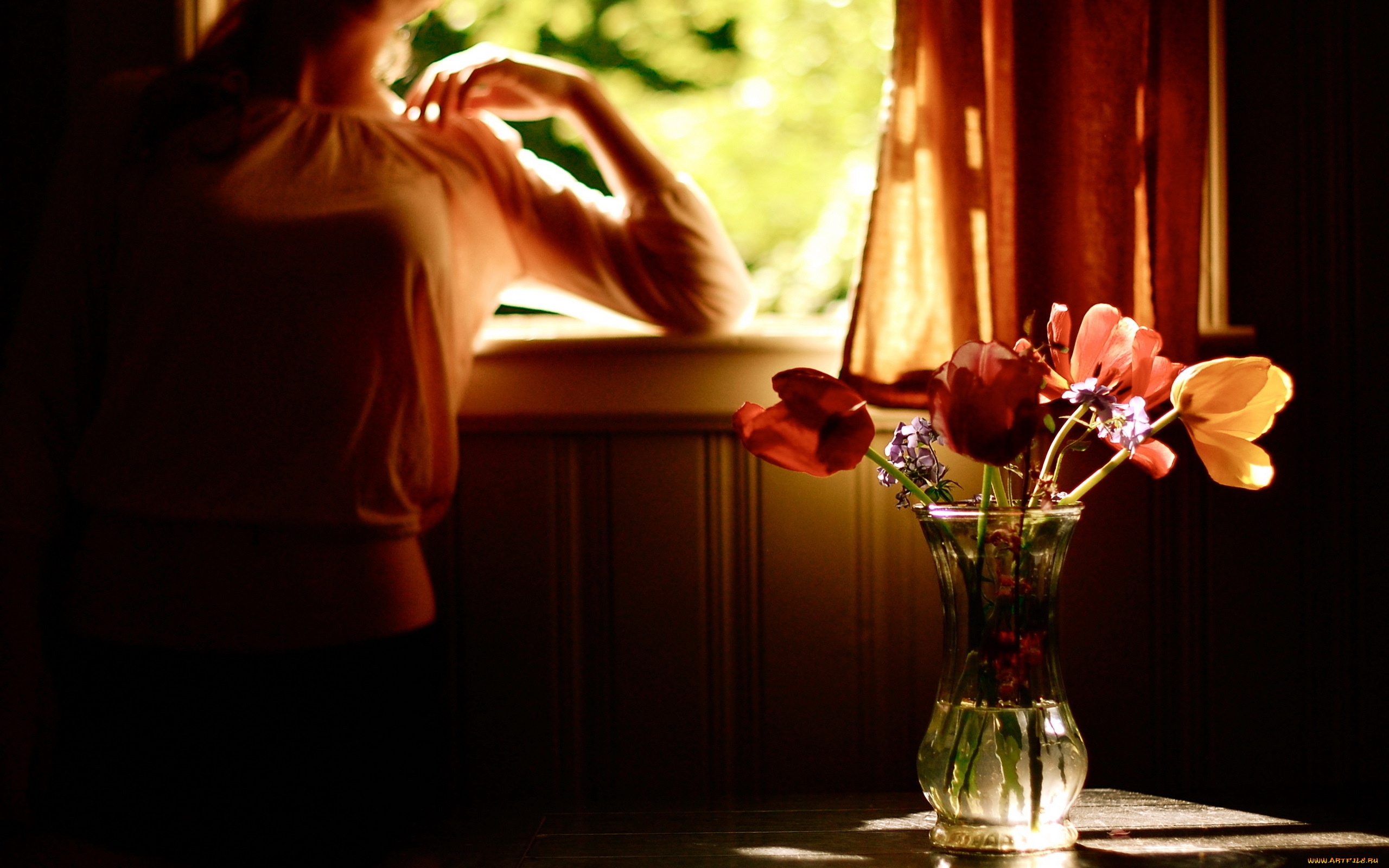цветы, разные, вместе, окно, ваза, тюльпаны