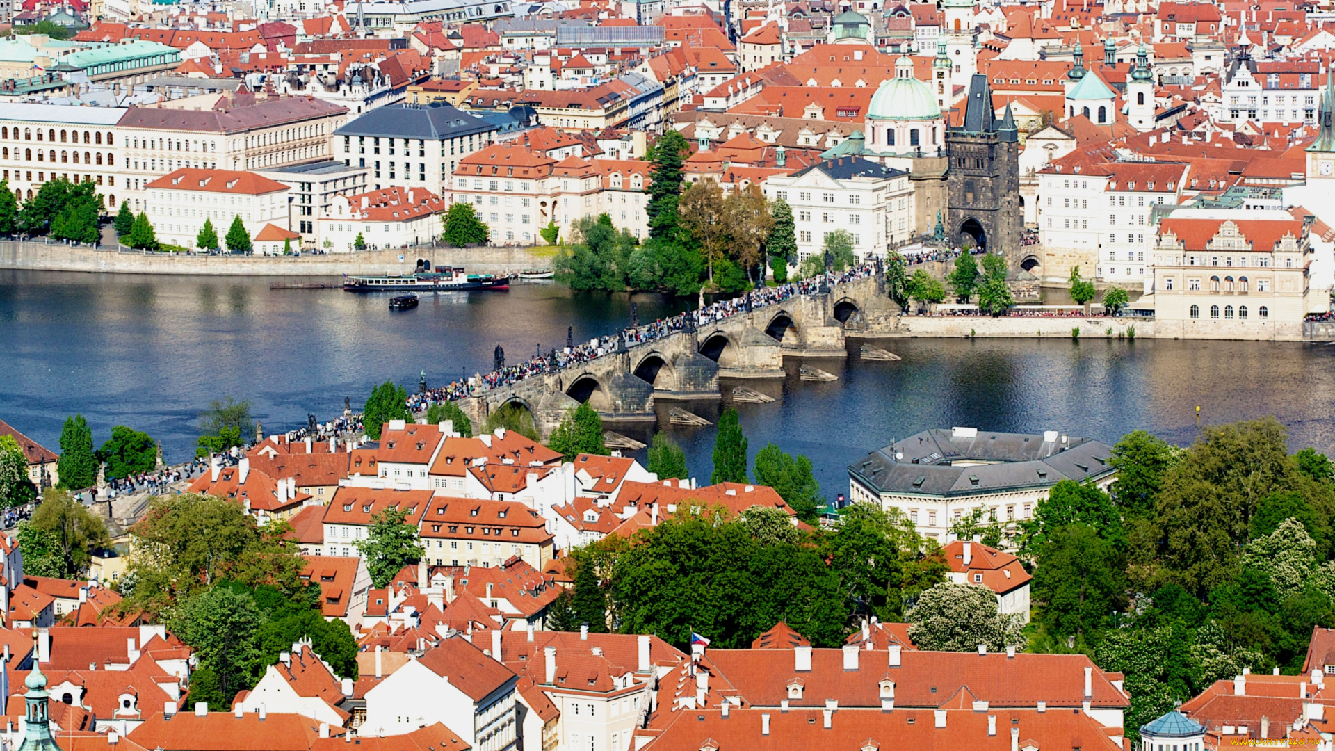 города, прага, Чехия, панорама, мост, крыши, река