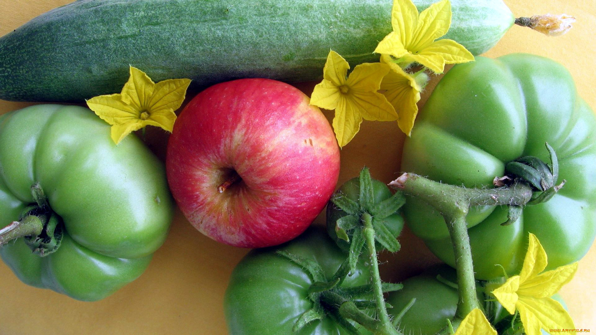 еда, фрукты, и, овощи, вместе, яблоко, огурец, помидоры