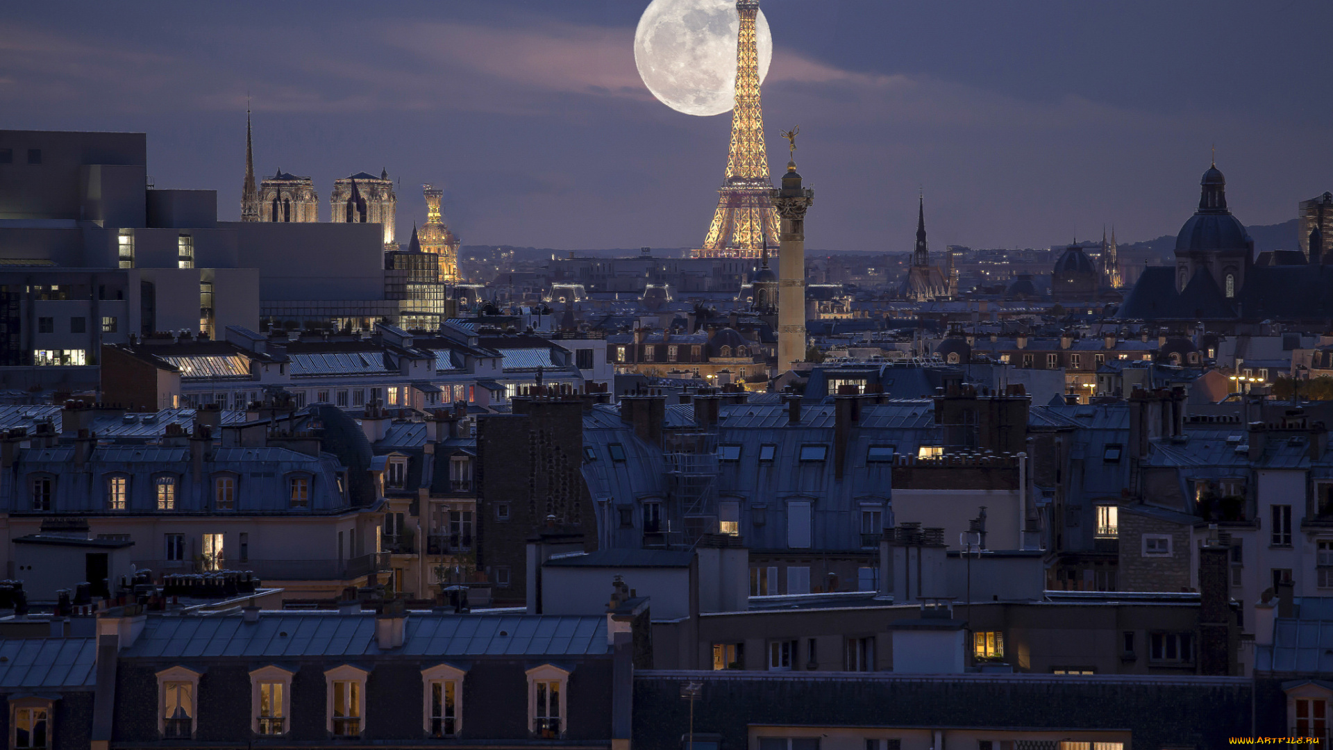 города, париж, , франция, ночь, луна