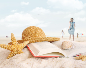 обоя разное, ракушки, кораллы, декоративные, spa, камни, шляпа, пляж, песок, книга, ракушка, морская, звёзда