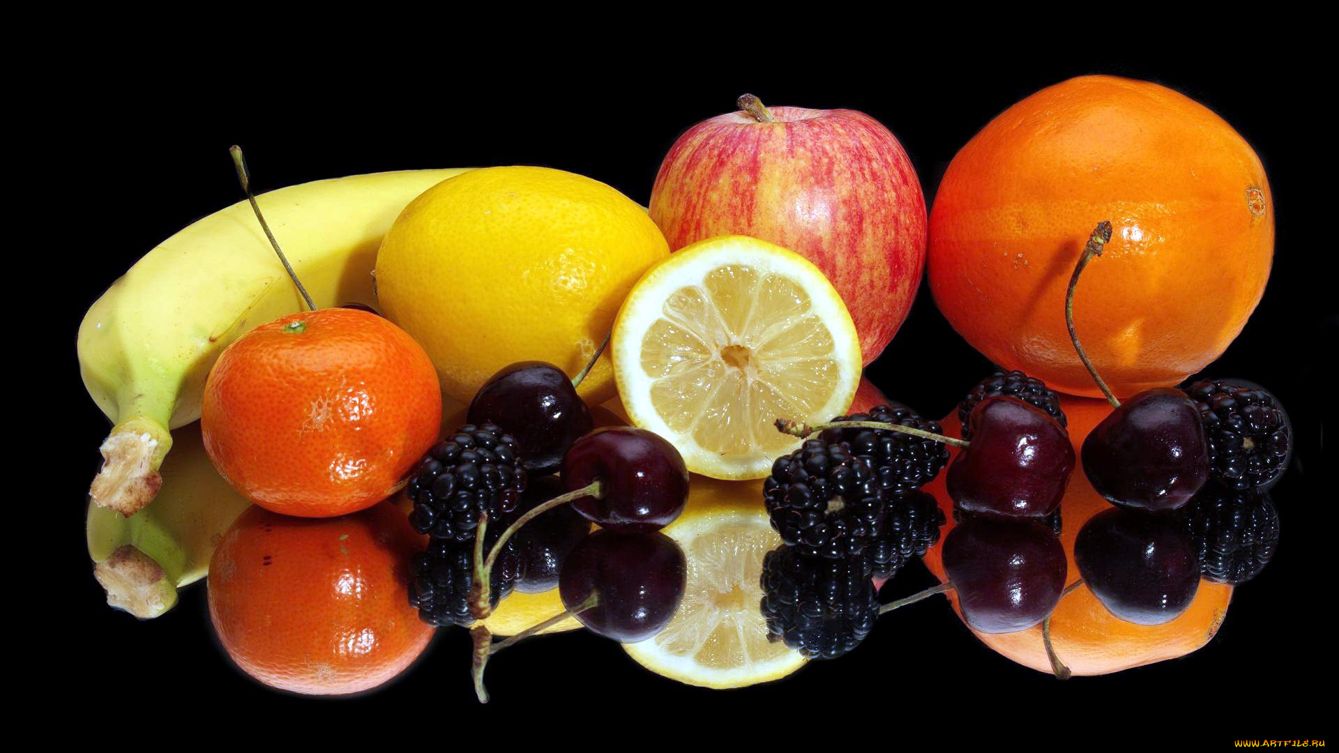 еда, фрукты, , ягоды, банан, цитрусы, вишня, ежевика