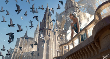 Картинка фэнтези _ghost+blade+ +призрачный+клинок эльфийка дворец птицы
