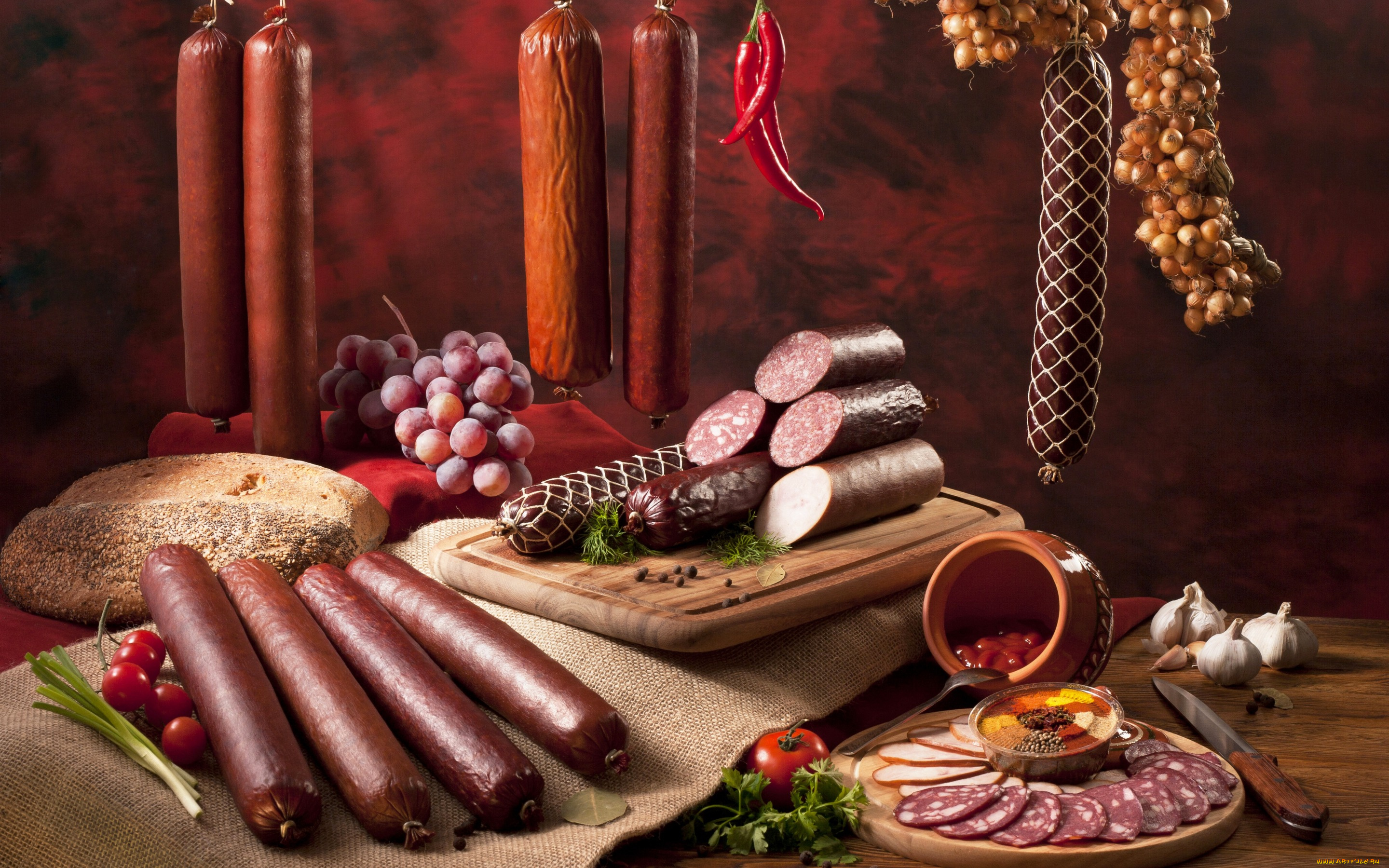 еда, колбасные, изделия, виноград, специи, products, колбаса, хлеб, sausage, meat, помидоры, перец