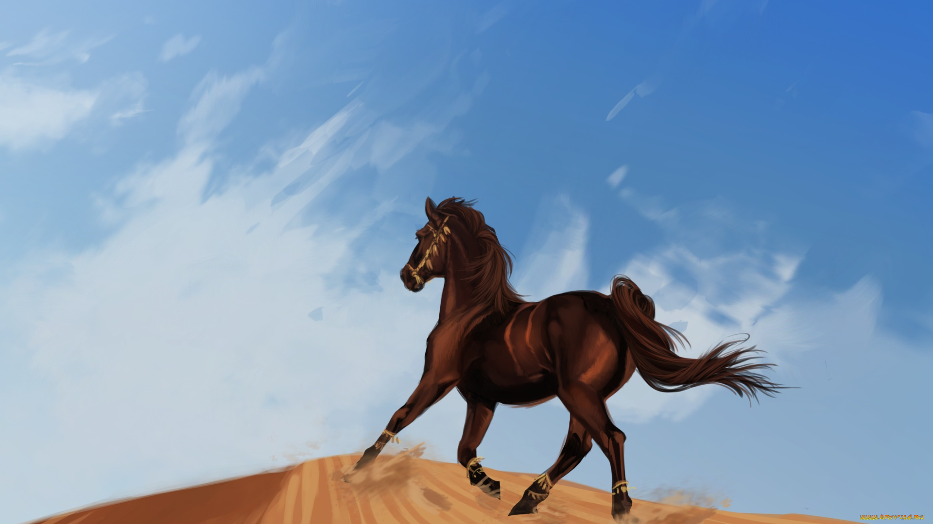 рисованные, животные, лошади, бег, вороной, дюна, пустыня, мустанг, лошадь, конь, песок