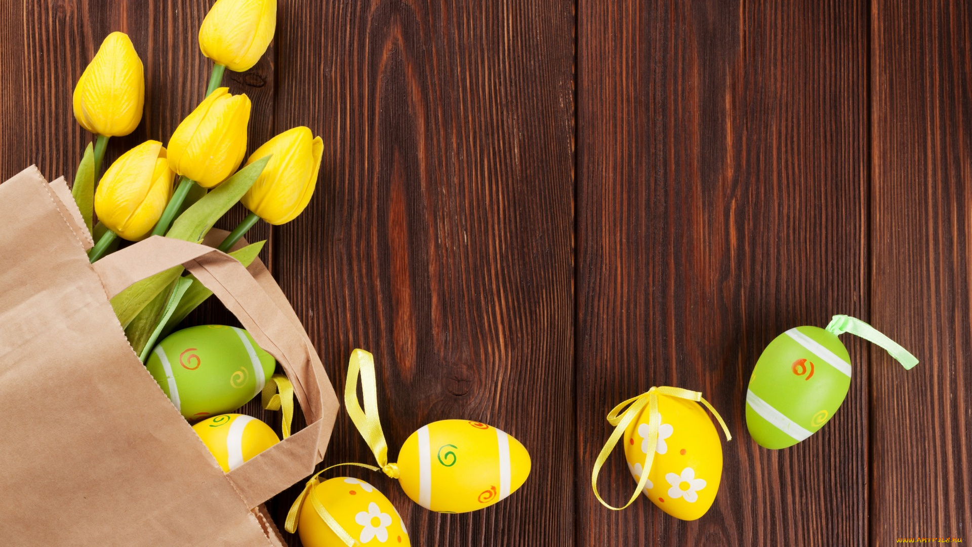 праздничные, пасха, decoration, happy, spring, wood, yellow, тюльпаны, easter, eggs, tender, tulips
