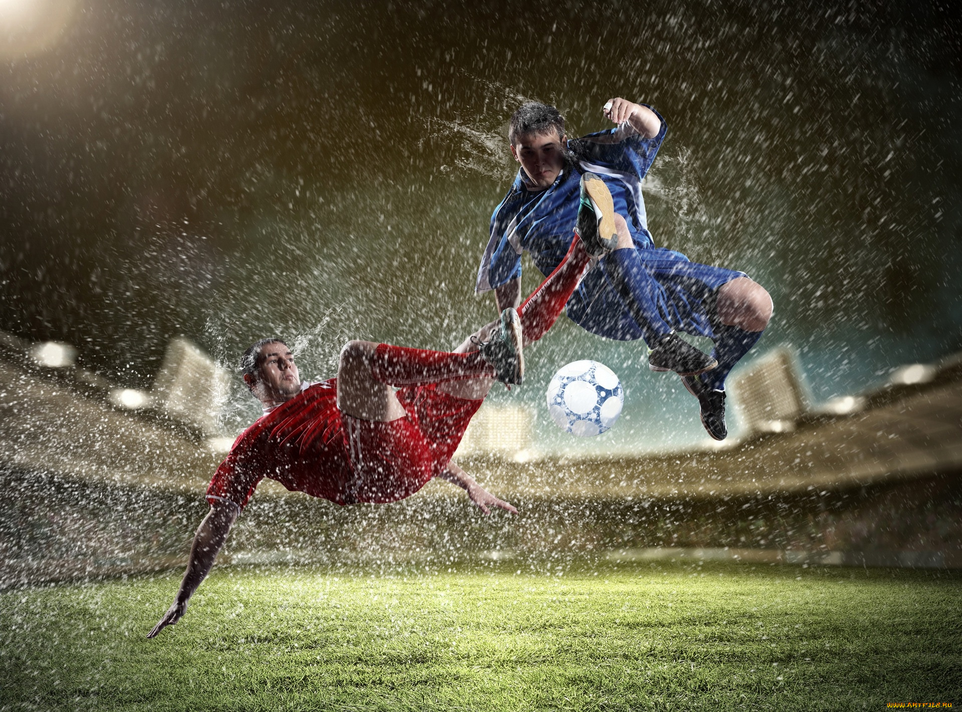 спорт, футбол, мужчины, двое, брызги, трава, мяч