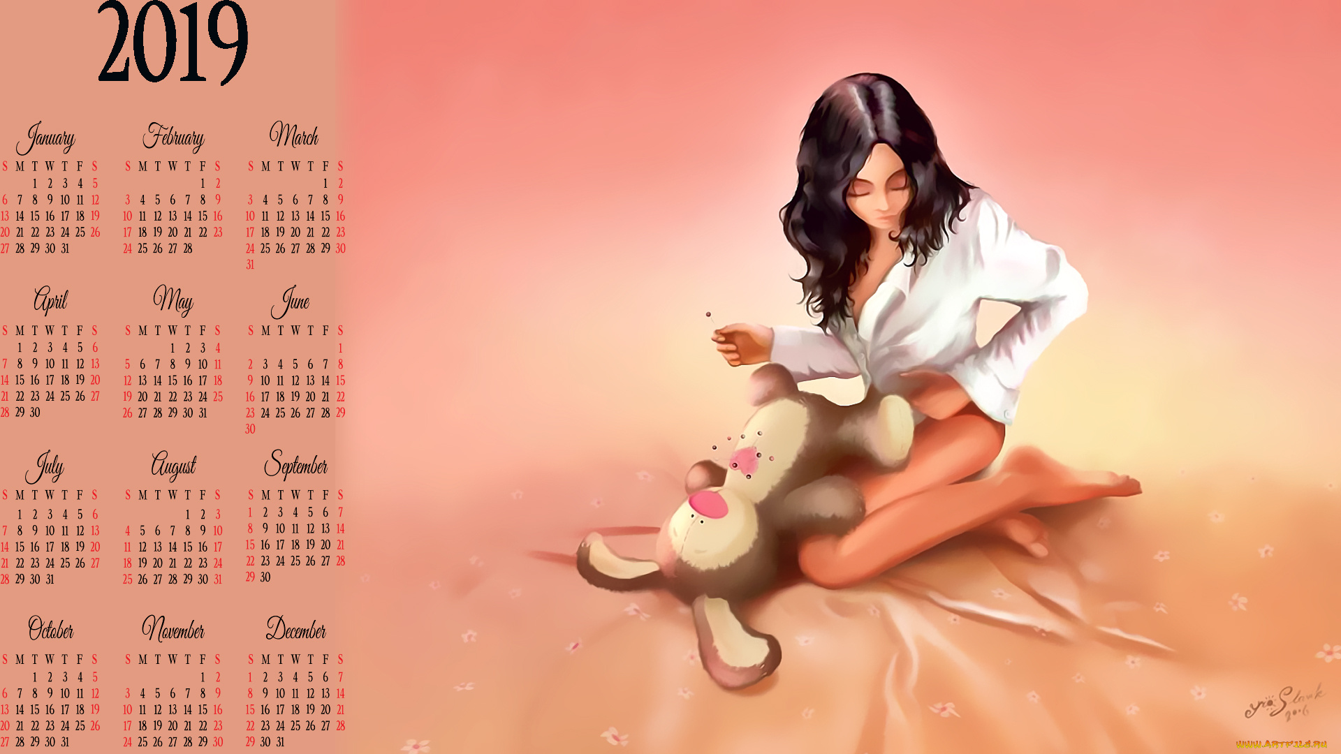 календари, рисованные, , векторная, графика, 2019, calendar, кролик, заяц, игрушка, девушка