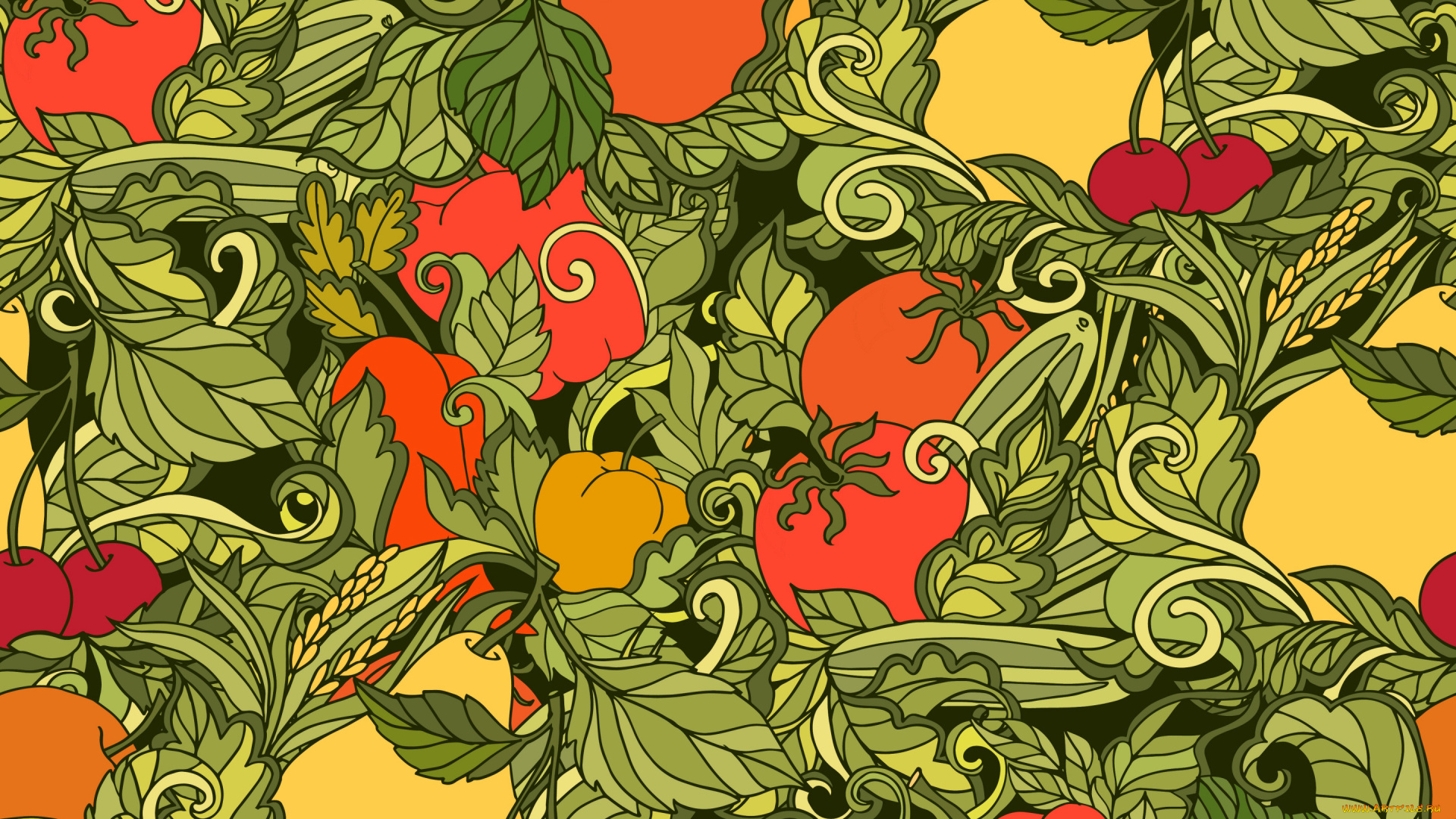 векторная, графика, еда, , food, vegetables, fruits, pattern, текстура, абстракция, фон, seamless, leaves