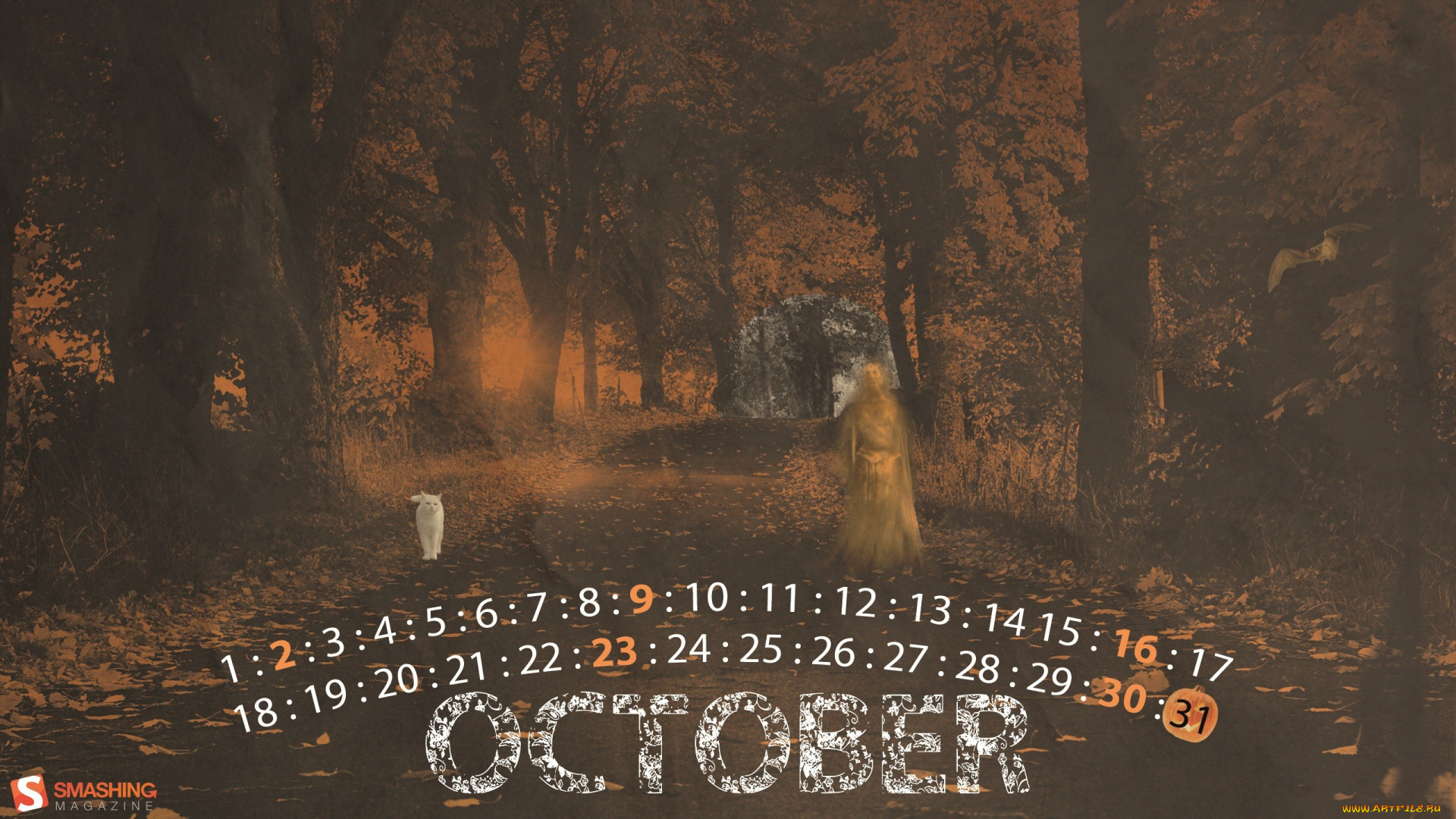 календари, праздники, салюты, октябрь, дорога, кот, привидение, хэллоуин