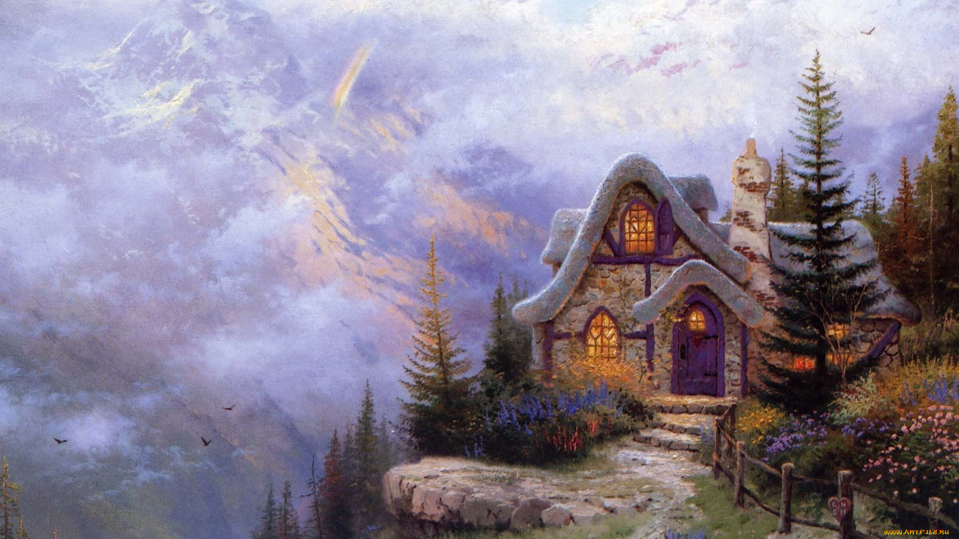 sweetheart, cottage, iii, рисованные, thomas, kinkade, коттедж, дом, ландшафт, горы