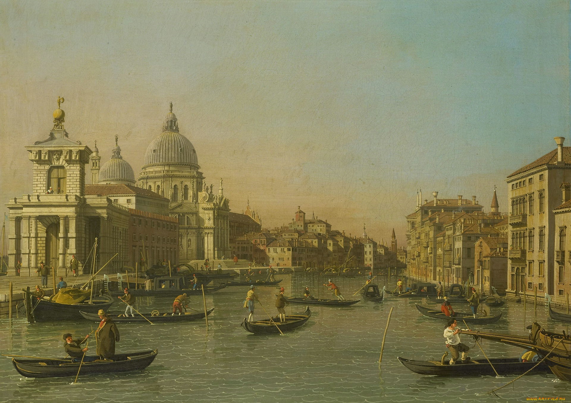 рисованное, живопись, каналетто, вход, в, гранд-канал, венеция, гондола, лодка, городской, пейзаж, картина