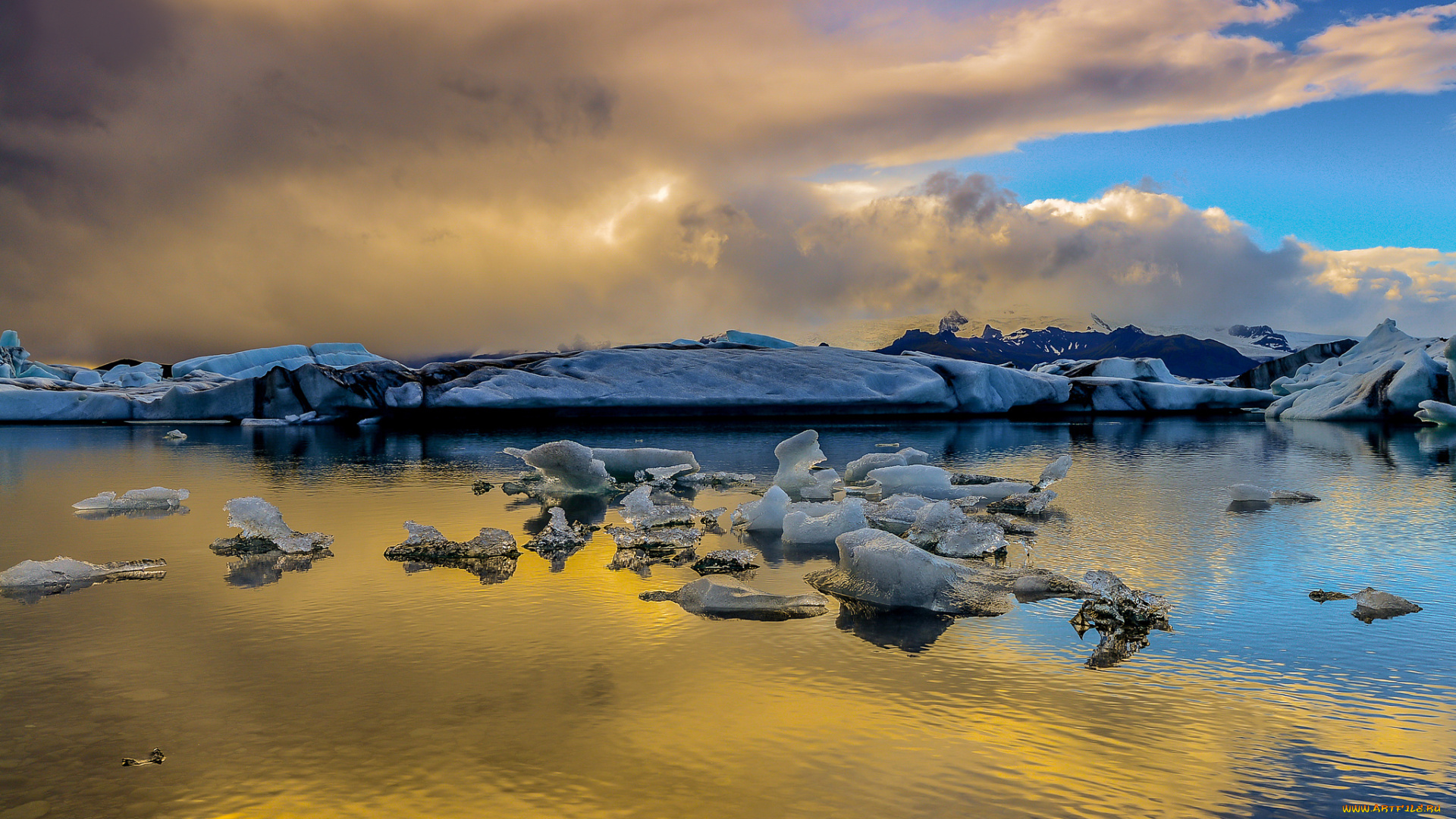 природа, побережье, солнце, облака, лед, снег, исландия
