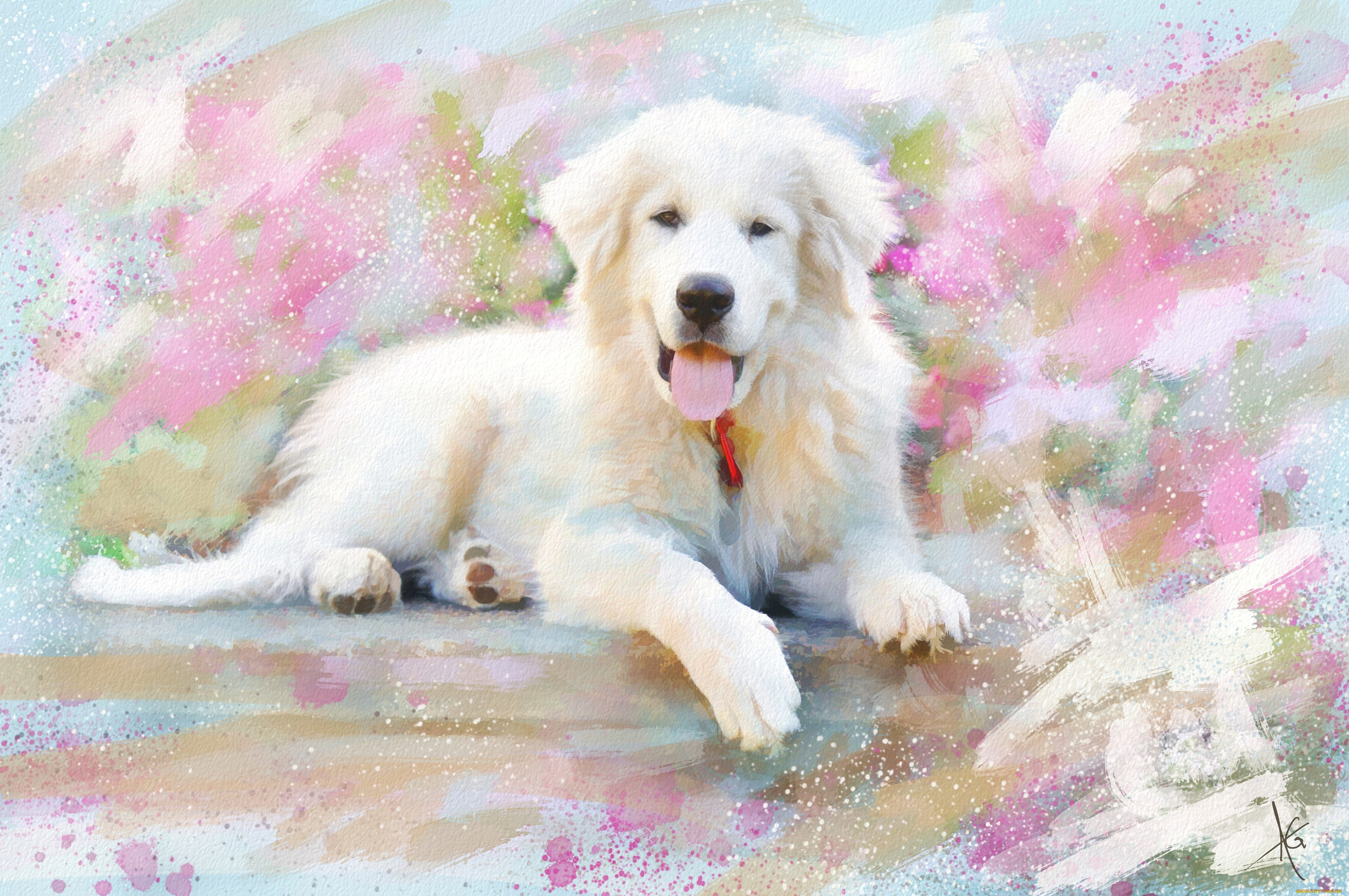рисованное, животные, , собаки, картина, пастельные, тона, живопись, рисунок, мазки, белая, нарисованная, довольная, собака