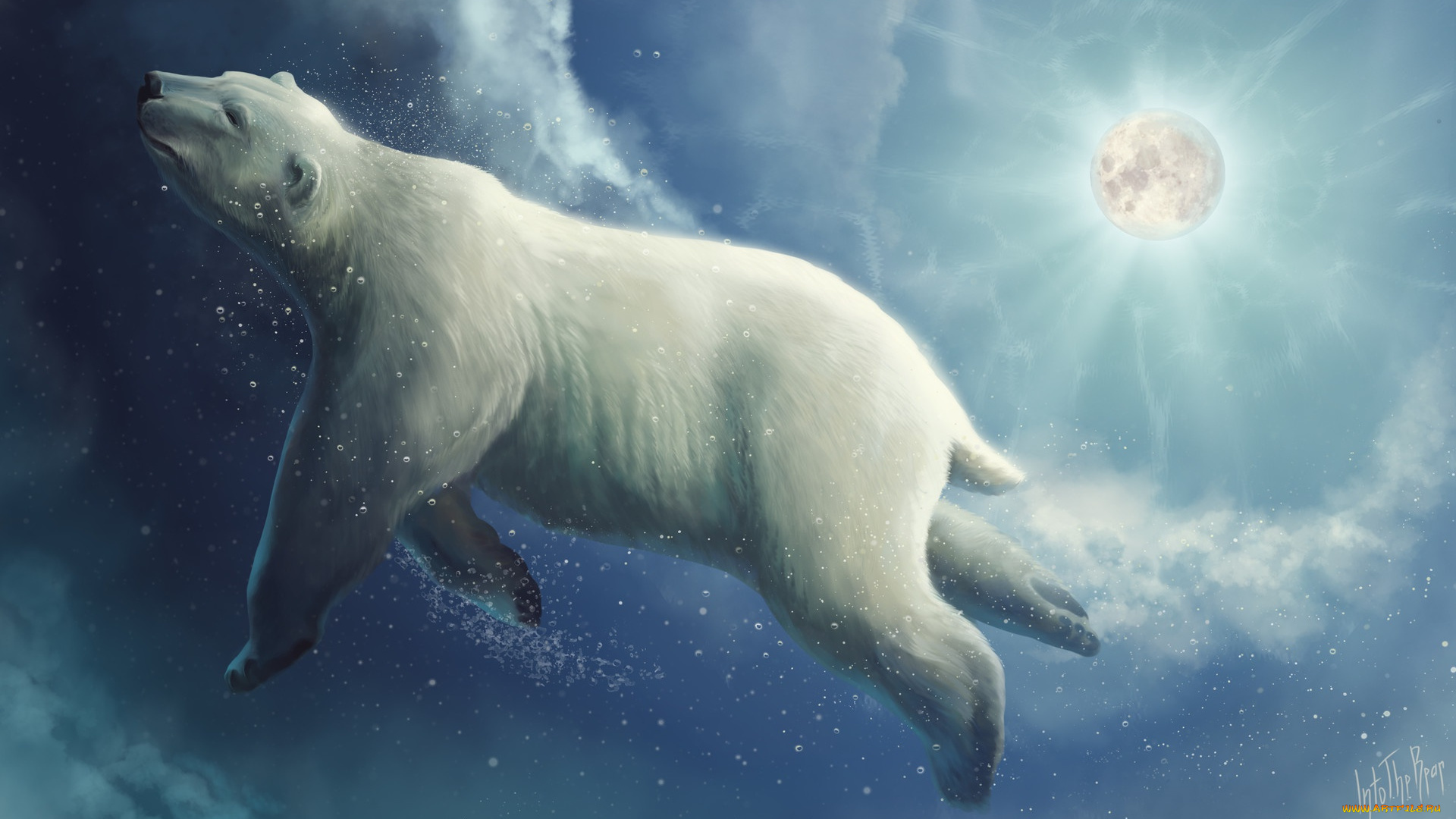 рисованное, животные, , медведи, into, the, bear, polar, deep, sky, белый, медведь, фантастика, art, луна, рисунок, clouds, moon, by