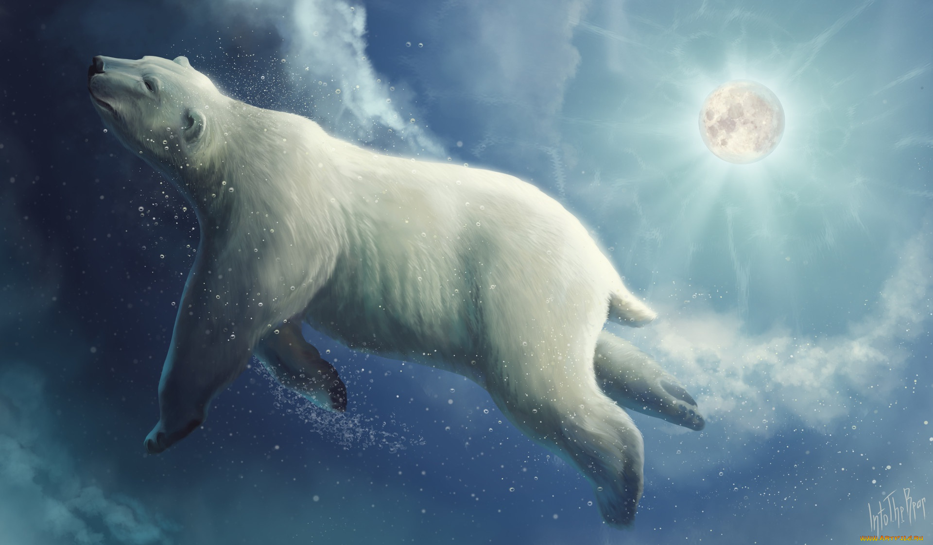 рисованное, животные, , медведи, into, the, bear, polar, deep, sky, белый, медведь, фантастика, art, луна, рисунок, clouds, moon, by