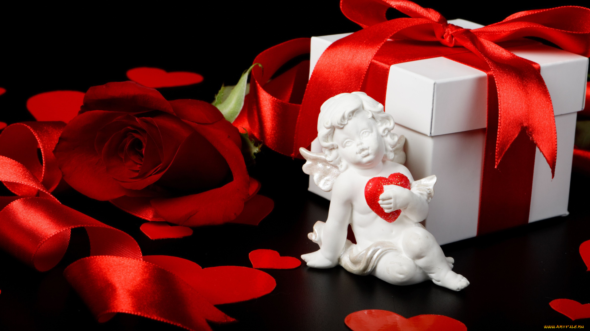 праздничные, день, св, валентина, сердечки, любовь, подарок, роза, коробка, ангелочек