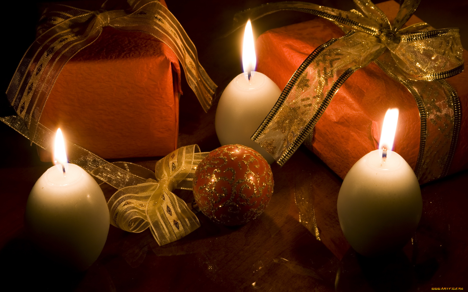 праздничные, новогодние, свечи, подарки, коробочки, шарик
