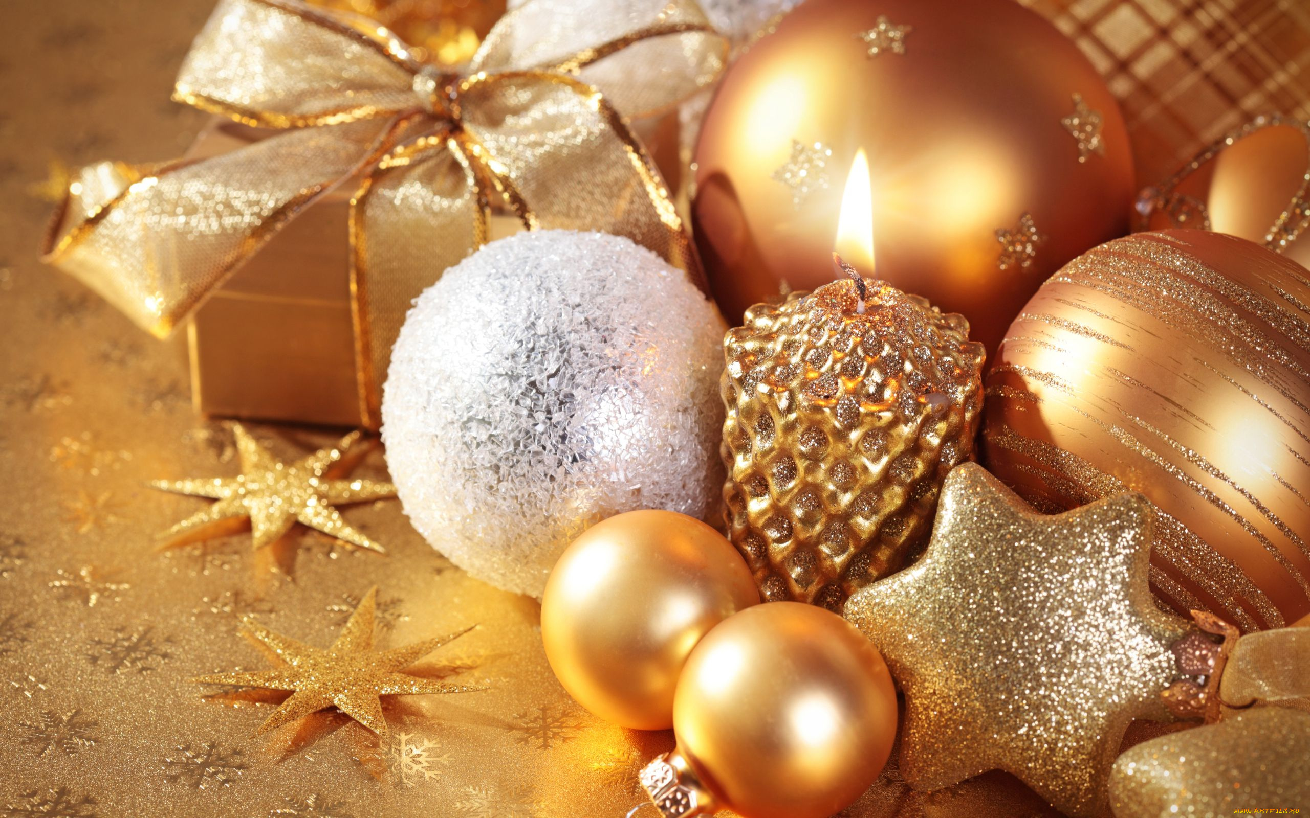 праздничные, украшения, шарики, звёзды, свеча, подарок