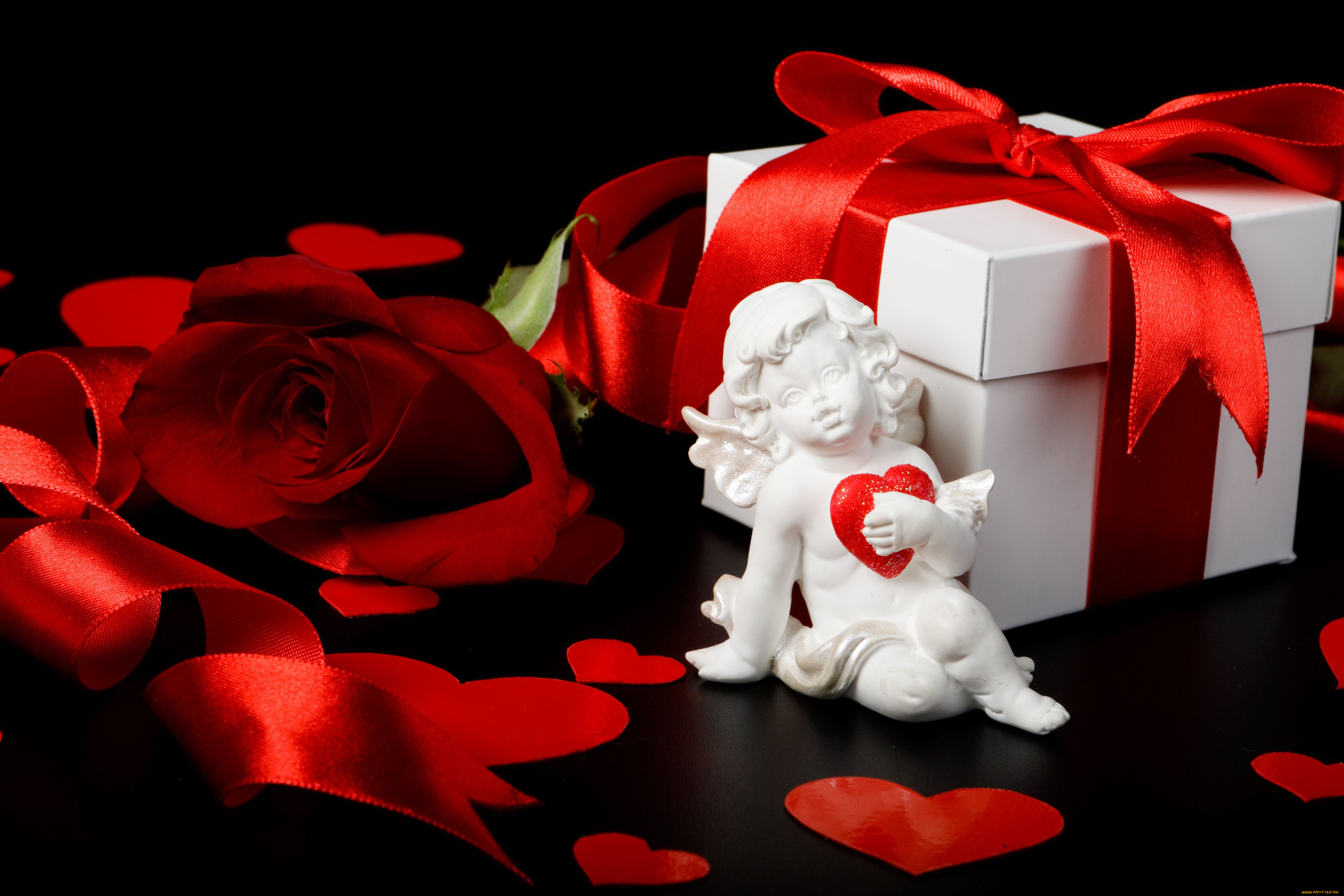 праздничные, день, св, валентина, сердечки, любовь, подарок, роза, коробка, ангелочек